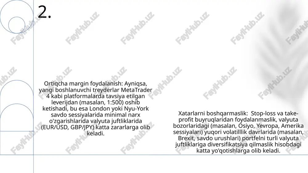 rorlar, miqdoriy yengillashtirish (my) dasturlari va frankfurtdan e’lon qilingan istiqbolli bashoratlar eur/usd, eur/gbp va eur/chf valyuta kurslariga bevosita ta’sir qiladi har oyning birinchi juma kunida e'lon qilinadigan aqshning qishloq xo'jaligi tashqari ish o'rinlari (nfp) ma'lumotlari usdga sezilarli ta'sir ko'rsatib, eur/usd, gbp/usd, usd/jpy va usd/cad kabi asosiy valyuta juftliklarida 100 pipdan ortiq tebranishga sabab bo'ladi 11. iqtisodiy taqvim va yangiliklar ta'siri xalqaro forex bozorining kunlik hajmi 6 trillion dollardan oshadi, bu spekulativ savdo, xedjing (korporatsiyalar, markaziy banklar tomonidan) va turli moliyaviy markazlar (london, nyu-york, tokio, sidney) orasidagi arbitraj imkoniyatlari bilan bog'liq forexdagi muvaffaqiyat texnik tahlil, risk menejmenti (stop-loss orderlar, pozitsiya hajmi) va fundamental tahlil (geosiyosiy voqealar, iqtisodiy ko'rsatkichlar) mahoratini qo'llab, bozor likvidligi, slippaj va spredlarni boshqarishga bog'liq 12. forexda texnik tahlil xalqaro valyuta bozorida ko'plab huquqiy va tartibga soluvchi organlar faoliyat yuritadi. qoidalar bozor manipulyatsiyasi, ichki savdo va mijozlarni himoya qilish (masalan, manfiy balansdan himoya qilish)ni nazorat qiladi chegara orqali amalotlar …