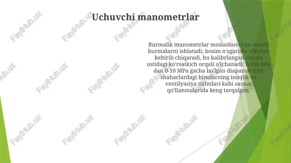 n, simob, suv) gidrostatik bosim printsipi (p = ρgh; bu yerda ρ=zichlik, g=tortish kuchi, h=balandlik farqi) yordamida bosimni to'g'ridan-to'g'ri o'lchaydi. u-simon, teskari u-simon va quduqsimon manometrlar keng tarqalgan turlari hisoblanadi mayli moyil manometr suyuqlik ustunining uzunligini uzaytirib, kichik bosim farqlarini (masalan, 0,1-10 kpa) kattalashtirib, aniqlikni oshiradi piezoqarshilik bosim sensorlari deformatsiya manometrlar, masalan, burdon naychalari va diafragma manometrlar, bosimni ko'rsatish uchun elastik deformatsiyadan foydalanadilar; burdon naychasining egriligi bosimga mutanosib bo'lib, kalibrlangan shkaladagi igna orqali ko'rsatiladi suyuq ustunli manometrlar (simob (hg) yoki suv kabi suyuqliklardan foydalanib) bosim farqini suyuqlik balandligi o'zgarishiga asoslanib o'lchaydi. masalan, simob ustunida 10 mm farq taxminan 133 pa (paskal) bosim farqiga teng. qo'llanilishi: laboratoriya va o'quv muassasalarida oddiy bosimni tekshirish. pyezorezistiv bosim sensorlari kremniy kabi yarim o'tkazgichlarni ishlatadi; qarshilik tushgan bosimga mutanosib ravishda o'zgaradi va avtomobilsozlik va aviakosmonavtika kabi turli sanoat sohalarida 0-1000 psi (kvadrat dyuymga funt) yoki kpa (kilopaskal) o'lchovlarini olish imkonini beradi suyuq ustunli manometrlarning qo'llanilishi …