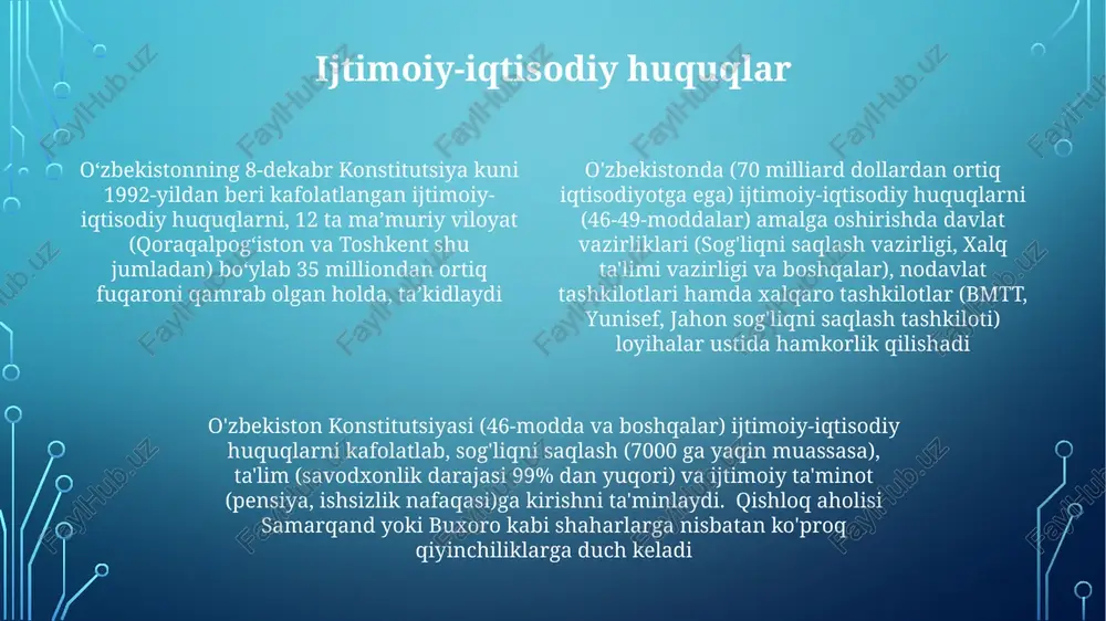 liligiga sodiqligidan, tarixiy qiyinchiliklarga qaramay, dalolat beradi. 1992-yilgi konstitutsiya ijro hokimiyatini cheklash va sud nazoratini ta'minlashga qaratilgan nazorat va muvozanat tizimini o'rnatdi oʻzbekistonning sud hokimiyati 1992 yil konstitutsiyasida (60 va 114-moddalar) belgilangan boʻlib, uch bosqichli tizimdan (oliy sud, ixtisoslashtirilgan sudlar va mahalliy sudlardan) iborat. konstitutsiyaviy sudning (9 sudyadan iborat) qarorlari yakuniy va majburiydir; ijro mexanizmlari jinoyat kodeksida (241-243-moddalar) batafsil bayon etilgan o'zbekistonning 8-dekabr konstitutsiya kuni 1992-yilda qabul qilingan konstitutsiyani, shu jumladan oliy sud, konstitutsiyaviy sud (15 sudyadan iborat) va 12 ta ma'muriy viloyatdagi (masalan, toshkent, samarqand) mintaqaviy sudlarni o'z ichiga olgan sud hokimiyatining asosini nishonlaydi o'zbekistondagi konstitutsiyaning roli konstitutsiya o'zbekistonda fuqarolarning huquqlarini himoya qilish (20-40-moddalar), qonun chiqarish jarayonlarini boshqarish va ijtimoiy-iqtisodiy taraqqiyot poydevorini yaratishda muhim rol o'ynaydi. 2017 yildan keyin boshlangan sud-huquq islohotlari sudning mustaqilligini mustahkamlash, konstitutsiyaviy hukmronlik va nazoratni kuchaytirishga qaratilgan konstitutsiyaviy o‘zgartishlar o‘zbekistonning davom etayotgan siyosiy evolyutsiyasini aks ettiradi. bu o‘zgarishlar ko‘pincha inson huquqlari, sud mustaqilligi va iqtisodiy …