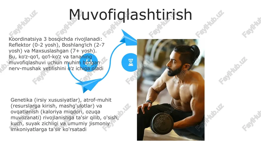 kg/min) moslashuvchanlik individual ehtiyojlarga (yoshi, jismoniy tayyorgarligi, maqsadlari) moslashtirilgan maxsus mashg'ulot dasturlari muhim. fitbit, apple watch kabi moslamalar orqali taraqqiyotni (kuch, moslashuvchanlik, tana yog'i foizini o'lchash) kuzatib borish tuzatishlar kiritishga imkon beradi moslashuvchanlik: dinamik va statik choʻzish (har bir choʻzish 30 sekund, 3 ta takrorlash) son (120 gradus ideal), yelka (180 gradus) va umurtqa pogʻonasida (40-60 gradus lombar fleksiya) harakat doirasini yaxshilaydi quvvat oziqlanish va jismoniy fazilatlar tezlik (yugurish), kuch (og'ir atletika), chaqqonlik (tennis), muvozanat (gimnastika) va muvofiqlashtirish (qo'l-ko'z muvofiqlashuvi) kabi jismoniy fazilatlar maqsadli mashqlar bilan yaxshilanadi. plyometriya kuchni, intervalli mashqlar tezlikni, yadro mashqlari esa barqarorlikni oshiradi temir, sink, b12 vitamini yetishmasligi (energiya darajasi, mushak faoliyatiga ta'sir qilib) jismoniy rivojlanishni sekinlashtiradi. haddan tashqari mashqlar (jarohatlarga, charchoqqa va immunitetning pasayishiga olib keladi) natijalarga salbiy ta'sir qiladi temir, sink, b12 vitamini yetishmasligi (energiya darajasi, mushak faoliyatiga ta'sir qilib) jismoniy rivojlanishni sekinlashtiradi. haddan tashqari mashqlar (jarohatlarga, charchoqqa va immunitetning pasayishiga olib keladi) natijalarga …