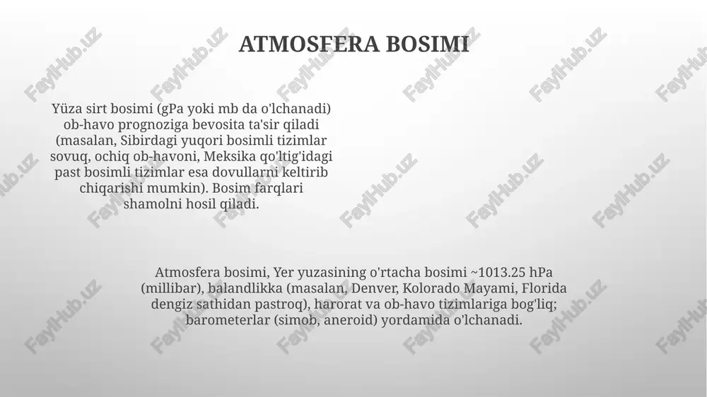 adi; masalan, sibir yuqori bosim tizimi sharqiy yevropada qattiq qish hosil qiladi yer yuzidagi bosim (pa), yer yuzasiga birlik maydon (m²) ga ta'sir etuvchi kuch (n) ni ifodalaydi va butun dunyo bo'ylab, jumladan everest tog'i (8848,86 m) va o'lik dengiz (-430,5 m) da barometrlar yordamida o'lchanadi. atmosfera bosimi balandlik bilan kamayadi dunyo bo'ylab, aqshdagi noaa dan buyuk britaniyadagi met officegacha bo'lgan ob-havo bashorat modellari uchun aniq sirt bosimi o'lchovlari juda muhim. bu o'lchovlar raqamli ob-havo bashorati (nwp) modellariga ma'lumot beradi va millionlab odamlarga ta'sir qiluvchi kuchli ob-havo ogohlantirishlariga hissa qo'shadi. sirt bosimining qo'llanilishi yuzaki bosimini vilhelmi plastinka usuli yoki langmuir truvasi kabi usullar bilan o'lchash, kosmetika (emulsifikatorlar), farmatsevtika (dori yetkazib berish tizimlari) va neftni qazib olishni yaxshilash (eor) kabi sohalarda muhim ahamiyatga ega bo'lgan sirt faol moddalar xususiyatlarini aniqlash uchun muhim ma'lumotlar beradi sirt tarangligi, sirt bosimiga bog'liq holda, kapillyar ta'sir (suv 1 mm diametrli shisha naychada ~10 sm ko'tarilishi) …