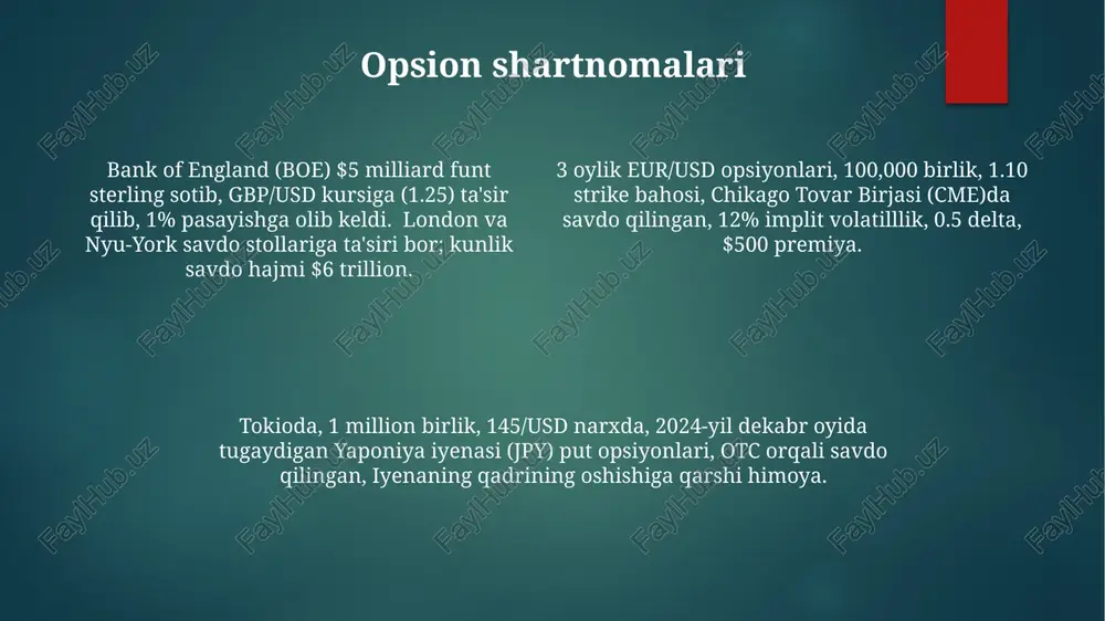 sh farqi bozor likvidligini aks ettiradi; to'g'ridan-to'g'ri va bilvosita kotirovkalar (masalan, eur/usd = 1.1000/1 jahon bo'ylab savdo qilinadigan asosiy valyuta juftliklari: eur/usd, gbp/usd, usd/jpy; spot, forward, swap va option kontraktlari; banklararo bozor, elektron savdo platformalari; kunlik hajmi 6 trillion dollardan oshadi; london, nyu-york, tokio asosiy savdo markazlari; keng ko'lamda kaldıraç va marja qo'llaniladi. fundamental tahlil valyuta bozoridagi fundamental tahlil aqsh yaim o'sishi, yevro zona inflyatsiyasi (iste'mol narxlari indeksi) va yaponiya markaziy banki tomonidan belgilanadigan foiz stavkalari kabi makroiqtisodiy omillarni baholash orqali eur/usd, usd/jpy va gbp/usd valyuta kurslariga ta'sir qiladi valyuta bozori operatsiyalari fundamental tahlil asosida valyuta juftliklari (masalan, usd/chf, aud/nzd) bilan savdo qilishni o'z ichiga oladi, bu yerda tashuv savdolariga ta'sir qiluvchi nisbiy foiz stavkalari farqlari (masalan, fed fondlari stavkasi va shveytsariya milliy banki stavkasi) hisobga olinadi iqtisodiy ko'rsatkichlar (masalan, buyurtmachilar menejerlari indeksi (pmi) buyuk britaniya uchun, kanada bandligi raqamlari) kelajakdagi valyuta kursi harakatlarini bashorat qilishga yordam beradi kelajak kontraktlari …
