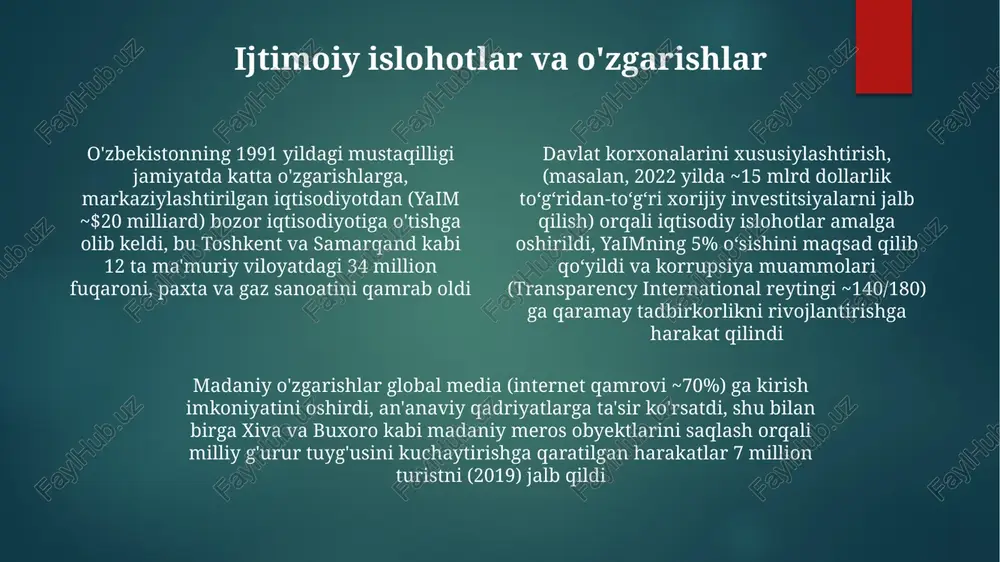 h sa'y-harakatlari amalga oshirildi o'zbekistonda ijtimoiy hayotda fikr va so'z erkinligi oshdi, ammo cheklashlar saqlanib qolmoqda. siyosiy islohotlar hokimiyatni markazdan tashqariga o'tkazish va ikki palatali parlamentni yaratishga qaratilgan konstitutsiyaviy o'zgarishlarni o'z ichiga oldi, ammo inson huquqlari va siyosiy ko'p qutblilik borasida tashvishlar davom etmoqda oʻzbekistonning tashqi siyosati karimov davrida (1989-2016) avtoritar izolyatsiyasidan mirziyoyev davrida (2016-hozirgi kungacha) pragmatik koʻp tomonlama munosabatlarga oʻzgardi infratuzilma rivojlanishi va modernizatsiyasi 2022-yilgi konstitutsiyaviy o'zgarishlar prezident hokimiyatini cheklab, parlament rolini kuchaytirdi va inson huquqlarini targ'ib qildi. bu nutq va yig'ilish erkinliklarining oshishi (qiyinchiliklar bo'lsa ham), nodavlat tashkilotlari faoliyatiga va jamoatchilik muhokamasiga, ayniqsa andijon va farg'ona vodiysidagi shaharlarda ta'sir ko'rsatdi. madaniy uyg'onish va saqlash o'zbekiston 1991 yildan beri markazlashtirilgan iqtisodiyotdan bozor iqtisodiyotiga o'tdi. 2000-2019 yillarda o'rtacha 5% yaim o'sishi kuzatildi, bu paxta, oltin va gaz eksporti hisobiga amalga oshirildi. 2022 yilda 30 milliard dollarlik to'g'ridan-to'g'ri investitsiyalar jalb qilindi o'zbekistonning sovetdan keyingi madaniy uyg'onishi (1991 yildagi mustaqillikdan keyin) navro'z …