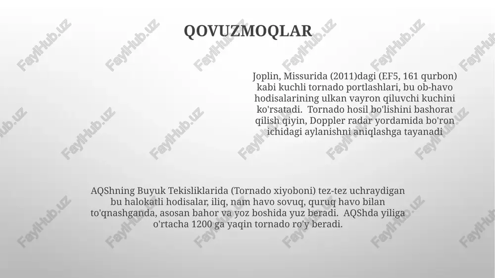 % suv bosdi, 1836 kishi halok bo'ldi, damba yorildi, keng ko'lamli vayronagarchiliklar. hayan tayfuni (2013): super tayfun, filippin, doimiy shamol tezligi 195 milya/soat, quruqlikka chiqqan eng kuchli tropik siklon sifatida tasniflangan, takloban vayron bo'lgan, 6300 dan ortiq o'lim, keng ko'lamli vayronagarchiliklar, ommaviy ko'chish. ko'chki yomg'irning kuchli yog'ishi (masalan, himoloylarda 24 soatda 100 mm dan ortiq) yoki zilzilalar (6,0 baldan yuqori rixter shkalasi) tufayli tez-tez yuz beradigan sel kutilmagan tabiiy ofat hisoblanadi tog' jinslari qulashi (10m³ dan katta hajmdagi tosh bloklari yoki massalarning ajralishi va erkin tushishi bilan tavsiflanadi), ko'pincha tik jarlar (masalan, yosemite milliy bog'i) va muzlash-erish ob-havo jarayonlari bilan bog'liq vulqonlar zilzilalar (masalan, 2011 yilgi tohoku-oki, yaponiya, m9 vulkan otilishi (masalan, 1980-yildagi sent helens tog'i otilishi, aqsh) 1 kub km dan ortiq tephra chiqaradi; piroklastik oqimlar, laharlar (vulkanik loy oqimlari) keng ko'lamli vayronagarchiliklarga olib keladi; gaz emissiyalari (so2, co2) atmosfera va iqlimga ta'sir qiladi e'tiboringiz uchun rahmat @taqdimot_robot image1.png …