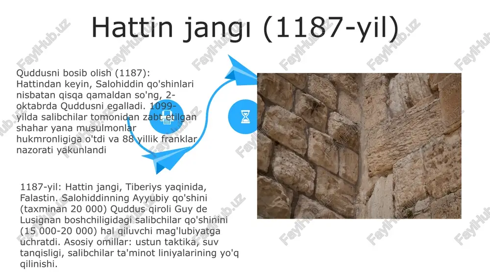 r xalifa davrida rashidun xalifaligi quddusni vizantiya imperiyasidan zabt etdi, bu levantdagi muqaddas shaharning diniy va siyosiy nazoratida sezilarli o'zgarishni va musulmonlar hukmronligining boshlanishini belgiladi. 1187: misr, suriya va mesopotamiyadan bo'lgan ayyubiylar qo'shini quddusni ikki haftalik qamaldan keyin quddus qirolligidan tortib oldi, 88 yillik salibchilar hukmronligiga yakun yasadi. muhim janglar montgisar va xattinda bo'ldi. dinlararo ziddiyatlar va mojarolar 1099-yil: birinchi salib yurishi qonli quddus fathini yakunladi; 70 ming atrofida musulmon va yahudiy aholining qirg'in qilinishi islom kuchlarining qasoskor harakatlarini qo'zg'atdi. quddusning lotin qirolligi tashkil etildi. 1187-yil: saladdinning quddusni qaytarib olishu katta burilish nuqtasi bo'lib, salibchilar nazoratini tugatdi. o'nlab yillar davom etgan diniy mojarolardan so'ng mintaqada kuchlar nisbatining sezilarli o'zgarishi, ko'plab imperiyalar va 100 000 dan ortiq kishilarga ta'sir ko'rsatdi. ma`bad tepaligining ahamiyati quddusdagi eng muqaddas joy: yahudiylik (miloddan avvalgi x asrdan), islom (quddus gumbazi, 691-yil), masihiyat (iso masihning xizmati) uchun muhim ahamiyatga ega. uni egallab olish uchta yirik din uchun …