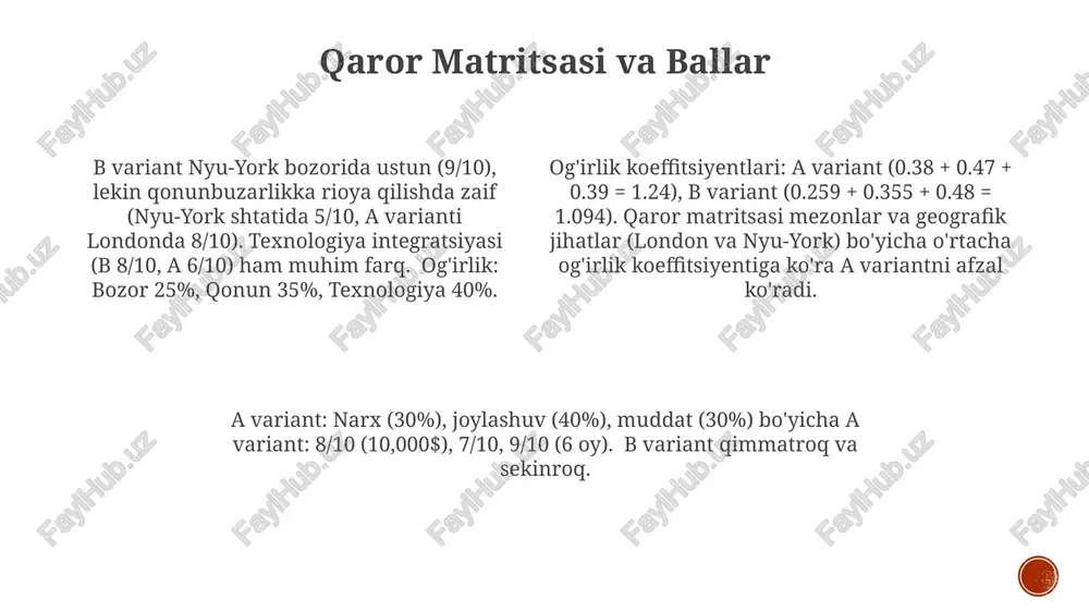 yuqori chidamlilik (5 yilga nisbatan 2 yil umr) va masshtablanish (1000 foydalanuvchiga nisbatan 500 foydalanuvchi) ko'rsatdi. londondagi, parijdagi va tokiodagi saytlar bo'yicha taqqoslash tahlili option a ning doimiy yuqori samaradorligini (o'rtacha kechikish: 10ms ga qarshi 20ms) boshlang'ich investitsiyaning yuqori bo'lishiga qaramay ko'rsatdi. a variant 3/5 mezonlarda ustun keldi (tezlik: 25ms ga qarshi 50ms; aniqlik: 98% ga qarshi 92%; narx: $10k ga qarshi $20k); a joy samaradorlik sinovlarida b joydan yaxshiroq natijalar berdi (45 dona/soat ga qarshi 30 dona/soat). sezgirlik tahlili va noaniqlik noaniqlikni aniqlash asosiy kirish parametrlari uchun ehtimollik taqsimotlaridan (masalan, uchburchak, normal) foydalanib, har bir mezon uchun diapazonlar va ishonch oralig'ini (95%) hosil qiladi e'tiboringiz uchun rahmat @taqdimot_robot image1.png image2.png image3.png image4.png image5.png image6.png