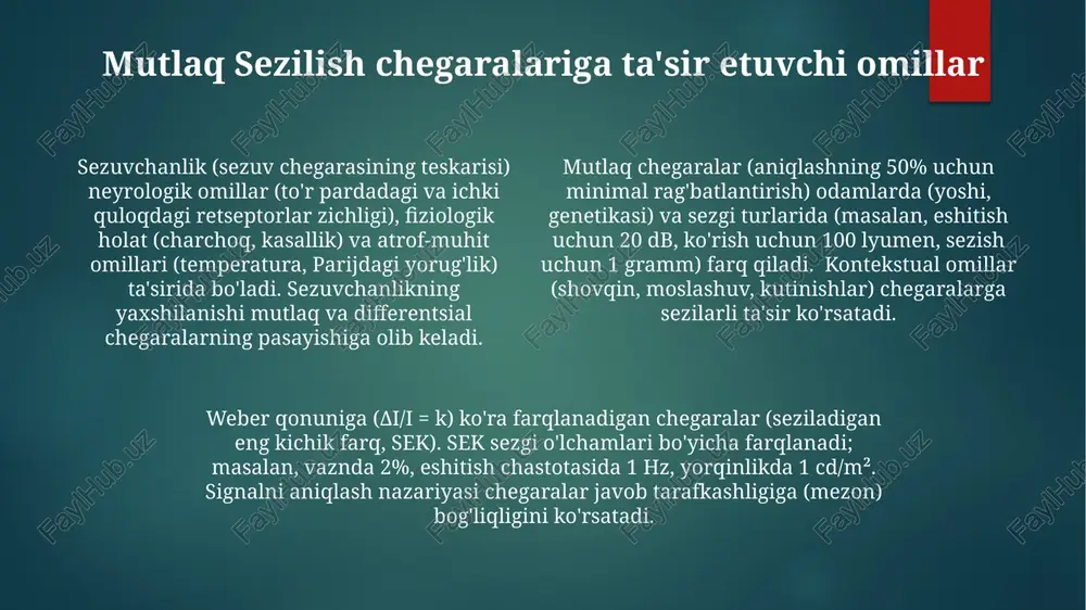 asi) va sezuvchanlik indeksini aniqlaydi 3-usul: zinapoya usuli (yuqori-past usuli) ishtirokchining oldingi javobiga qarab rag'bat intensivligini moslashtirib, chegaraga yaqinlashadi (masalan, sezgi reaksiyasini keltirib chiqarish uchun teriga bosimni nyutonlarda sozlash) sezuvchanlikning klinik ahamiyati mutlaq sezgi chegaralari (masalan, 20/20 ko'rish, 25 db eshitish) turli ixtisosliklarda (neyrologiya, oftalmologiya, audiologiya) tashxis qo'yishga ta'sir qiladi. sezgirlikning pasayishi (masalan, nevropatiyada og'riq chegarasining ko'tarilishi) tuzatilgan davolash strategiyalariga (analgetik dozalarining oshirilishi, alternativ terapiyalar) ehtiyoj tug'diradi klinik baholash sezgi tekshiruvlaridan (masalan, semmes-weinstein monofilamentlari, ko'rish o'tkirligini tekshirish jadvallari) foydalanadi. talqin qilish individual natijalarni normativ ma'lumotlar (masalan, yoshiga moslashtirilgan populyatsiyalar) bilan taqqoslashni o'z ichiga oladi differentsial sezuvchanlik (masalan, dermatologiyadagi 2 nuqtaviy sezuvchanlik tekshiruvi, ta'm buzilishlarida ta'm aniqlash) funktsional natijalarga ta'sir qiladi. zaiflashgan kontrast sezuvchanligi (masalan, makula degeneratsiyasi bo'lgan bemorlarda <1.5) kundalik hayotdagi qiyinchiliklarni (o'qish, haydash) bashorat qiladi sezgi moslashuvi va mexanizmlari mutlaq sezuvchanlik sezgi turlariga va shaxslarga qarab farq qiladi. masalan, koʻrish sistemasining yorugʻlik intensivligi boʻyicha mutlaq chegarasi toʻlqin uzunligiga (masalan, …