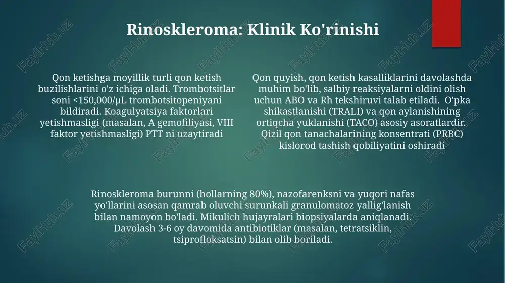 klebsiella rhinoscleromatis bakteriyalari tomonidan kelib chiqadi. davolash antibiotiklar (masalan, tetrasiklinlar, rifampitsin) va (og'ir hollarda) jarrohlik aralashuvni o'z ichiga oladi. qaytalanish hollari yuqori. qon ketishga moyillik (gemorragik diatezlar) von villebrand kasalligi (jahon bo'yicha ~1%), a gemofiliyasi (x-xromosomali, 5000 erkakdan 1 tasida) va trombotsitopeniya (trombotsitlar soni <150,000/µl) kabi turli qon ketish buzilishlarini o'z ichiga oladi qon ketishga moyillikning etiologiyasi va patofiziologiyasi e'tiboringiz uchun rahmat @taqdimot_robot image1.png image2.png image3.png image4.png image5.png image6.png image7.png image8.png image9.png image10.png