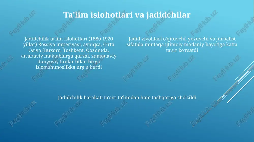 va volga-ural mintaqasi, qozon, boku va usmonli imperiyasi bo'ylab maktablarda yangi (jadid) usullar orqali musulmon jamiyatini modernizatsiya qilishni himoya qilgan, millionlab odamlarga ta'sir ko'rsatgan. jadidlarning din islohoti yondashuvlari savodxonlikning oshishi, islom islohoti bilan chambarchas bog'liq bo'lgan milliy harakatlarning paydo bo'lishi va zamonaviy qiyinchiliklarga moslashgan islom huquqining (fiqh) yangi talqinlari ijtimoiy-madaniy ta'sirlar qatoriga kiradi jadidchilar matbaa va gazetalar (masalan, "al-isloh", urdu nashrlari) orqali turli til va madaniy muhitlarda (masalan, tatar, o'zbek, ozarbayjon jamoalarida) mavjud diniy hokimiyatga qarshi taraqqiyparvar g'oyalarni tarqatdilar jadidchilik – 19-asr oxiri – 20-asr boshlarida islomiy islohot harakati boʻlib, islomda modernizatsiyani targʻib qildi va rossiyaning volga-ural mintaqasi, usmonli imperiyasi hamda markaziy osiyoga taʼsir koʻrsatdi adabiyot va san'atga qo'shgan hissa tarjimon, irshād kabi yangi jurnalistika uslublari orqali (masalan, tatar, turk va ozarbayjon tillarida gazetalar, jurnallar va risolalar orqali) taraqqiyparvar g'oyalarni tarqatish; volga-ural, kavkaz va markaziy osiyodagi ijtimoiy o'zgarishlarni aks ettiruvchi romanlar, she'rlar va pyesalar bilan jonli adabiy muhitni yaratish. jadidchilar …
