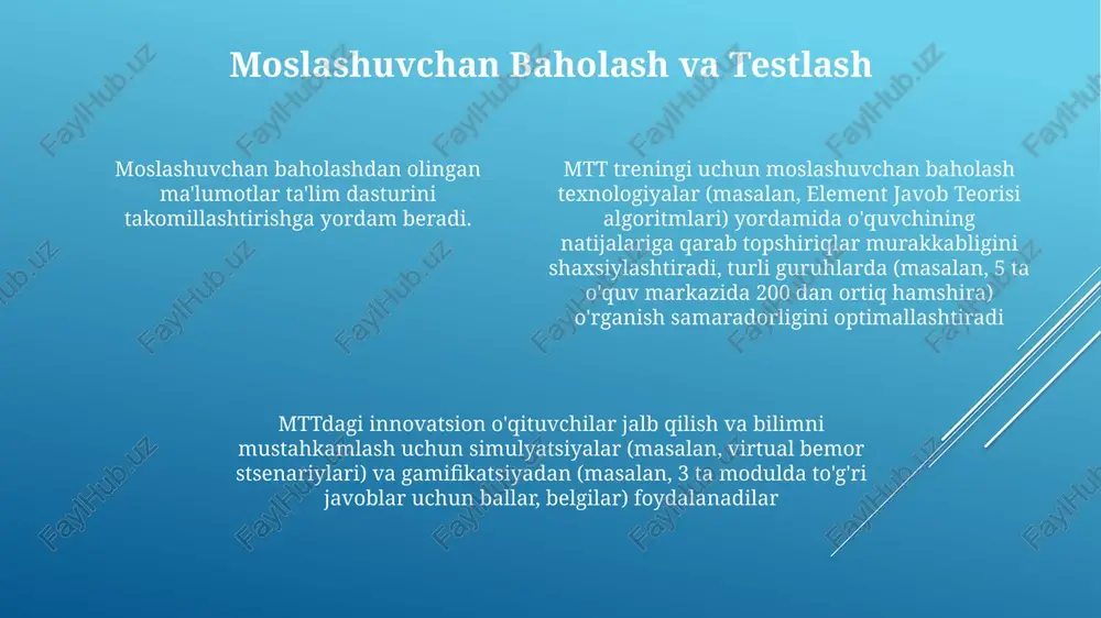 ng shahridagi xarita o'qish bo'yicha 2 daqiqalik qo'llanmalar)ni qo'shib, o'quvchilarning bajarish ko'rsatkichlarini 25% ga oshirdilar mikro-o'qitish kaliforniyadagi pendleton lagerida qurol-yarog' bilan ishlash kabi aniq ko'nikmalarga qaratilgan 5-10 daqiqalik modullar orqali harbiy tayyorgarlik texnologiyalarining (mtt) samaradorligini oshiradi, an'anaviy usullar bilan solishtirganda o'zlashtirishni 80% ga yaxshilaydi e'tiboringiz uchun rahmat @taqdimot_robot