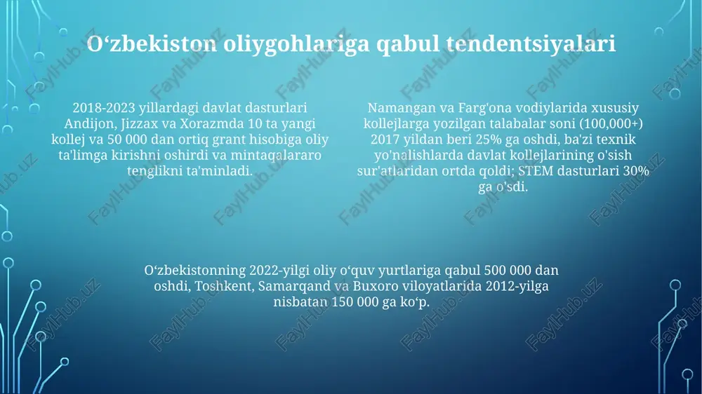 irib, yiliga 2 milliondan ortiq bitiruvchiga ta'sir qiladi. xalqaro hamkorlik va sheriklik muvaffaqiyatli modellar janubiy koreya (masalan, seul milliy universiteti bilan 5 qo'shma dastur) va turkiya (10 dan ortiq qo'shma dastur) universitetlari bilan qo'shma dasturlarni o'z ichiga oladi, bu bitiruvchilarning ishga joylashishini yaxshilaydi (+15% ga o'sish) oʻzbekistonning 116 oliy oʻquv yurti (shu jumladan toshkent, samarqand va buxoroda 57 davlat kolleji va universiteti) sifati va jahon raqobatbardoshligini oshirish uchun xalqaro hamkorlikka ehtiyoj sezmoqda toshkent va qishloq oliy oʻquv yurtlari orasidagi resurs taqsimotining nomutanosibligi talabalarning imkoniyatlari va taʼlim sifatiga taʼsir qilmoqda. xalqaro hamkorlik (masalan, qishloq infratuzilmasini yaxshilash uchun 2 million dollar) maqsadli moliyalashtirish va malaka oshirish dasturlari orqali bu muammoni hal qilishi mumkin ta'lim sifati va akkreditatsiya toshkent, samarqand va buxoro kabi yirik shaharlardagi oliygohlarda resurs taqsimoti va professor-o'qituvchilar malakasi (o'rtacha 30% doktorlik dissertatsiyasi himoya qilgan) jihatidan farqlar mavjud rossiya, turkiya, janubiy koreya va xitoydagi muassasalar bilan xalqaro hamkorlik kuchayib, bilim almashinuvi …