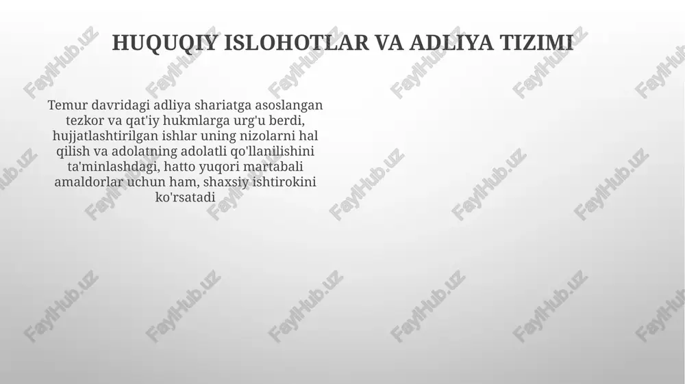 lar orasida tartibni saqlashga qaratilgan edi. hirot va buxoro kabi shaharlardagi katta masjidlarning nasroniylar cherkovi va sinagoglari bilan yonma-yon qurilishi diniy totuvlikni targ'ib qilishga qaratilgan ataylab o'ylangan siyosatni aks ettiradi san'at va fanlarni homiylik qilish iqtisodiy siyosat va savdo temurning markazlashgan ma'muriyati, butun ulkan imperiyasi boʻylab (dehli dan ankaragacha) bir xil ogʻirlik va oʻlchovlarni joriy qilishi, savdoni tartibga soldi, ichki bojxonalarni kamaytirdi va samaradorlikni oshirdi temur samarqanddagi meʼmoriy mo''jizalar (registon maydoni, gur-e-amir maqbarasi)da ko'zga tashlanadigan hunarmandlarni homiyligi mahalliy iqtisodiyotni rivojlantirdi shahar qurilish va infratuzilma samarqand kabi yirik shaharlardagi muhim infratuzilma loyihalarida (masalan, registon maydoni) 30 000 dan ortiq ishchi ishtirok etdi. bu temur davlat boshqaruvidagi samarali resurs taqsimotini aks ettiruvchi, shuningdek, ilg'or me'morchilik va muhandislik texnologiyalaridan foydalanilgan ulkan shaharsozlik rejalarini ko'rsatadi temur merosi markaziy osiyoda uning buyrug'i bilan barpo etilgan me'moriy mo''jizalar va keng ko'lamli infratuzilma tarmoqlarida yaqqol ko'rinadi temur samarqand, buxoro va hirot shaharlarini rivojlantirish loyihalari orqali masjidlar (masalan, …