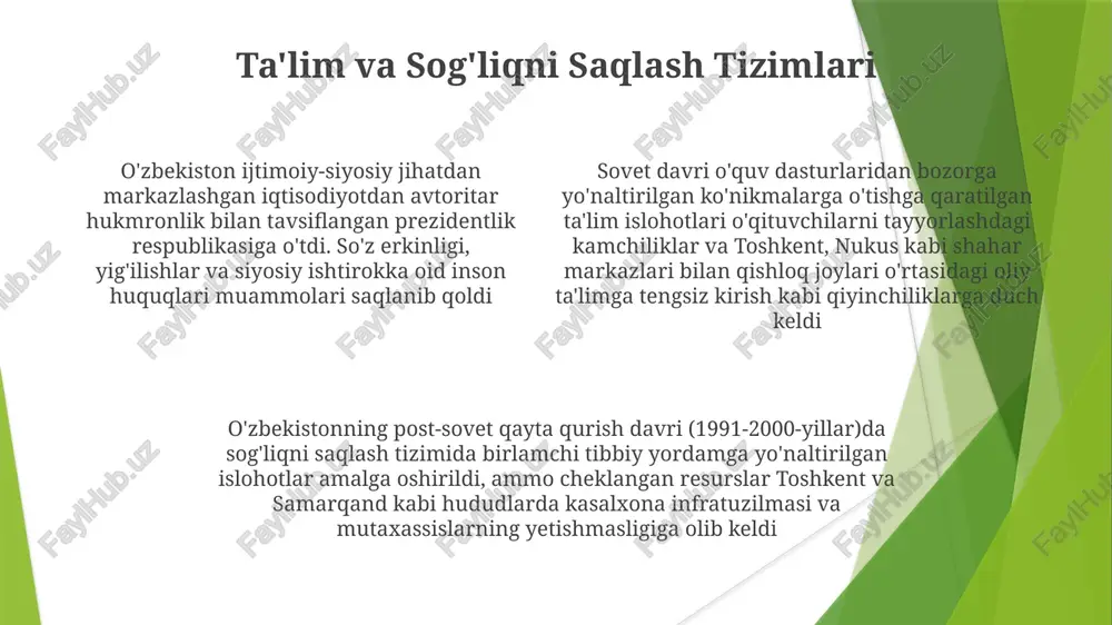 di o'zbekistonning post-sovet qayta qurish davri (1991-hozirgi kungacha) infratuzilmaga milliardlab dollar sarmoya jalb qildi: yo'llar (toshkent-samarqand avtomagistrali), temir yo'llar (trans-kaspiy temir yo'lining modernizatsiyasi) va energetika (gaz quvurlari, farg'ona vodiysidagi gidroelektrostantsiyalar) markaziy sovet uslubidagi boshqaruvdan avtoritar, lekin tobora bozorga yo'naltirilgan tizimga o'tish. islom karimov prezidentligi (1990-2016) davrida kuchli davlat nazorati, noroziliklar bostirilishi va qoraqalpog'iston hamda farg'ona vodiysidagi inson huquqlari muammolari ijtimoiy taraqqiyotga ta'sir ko'rsatdi. inson huquqlari va fuqarolik erkinliklari siyosiy-ijtimoiy vaziyatda muxolifat bostirilgan; ko'plab siyosiy partiyalar mavjud, ammo hukmron o'zbekiston liberal-demokratik partiyasi (ldp) ustunlik qiladi o'zbekistonning post-sovet qayta qurish davri (1991-hozirgi kungacha) nutq erkinligi (konstitutsiyaning 29-moddasi nominal ravishda kafolatlaydi, ammo cheklovlar saqlanib qolgan), yig'ilish (34-modda) va matbuot erkinligi (ko'plab jurnalistlar qamoqqa olinadi yoki tazyiqqa uchraydi) kabi inson huquqlari bo'yicha jiddiy muammolarni boshdan kechirdi paxtaga bog'liq iqtisodiyotni diversifikatsiya qilishga qaratilgan islohotlar turlicha natijalar berdi. yaim va infratuzilmada yaxshilanishlar kuzatilsa-da, mintaqalararo farqlar saqlanib qolmoqda. aholi zichligi yuqori bo'lgan farg'ona vodiysida iqtisodiy muammolar ijtimoiy …