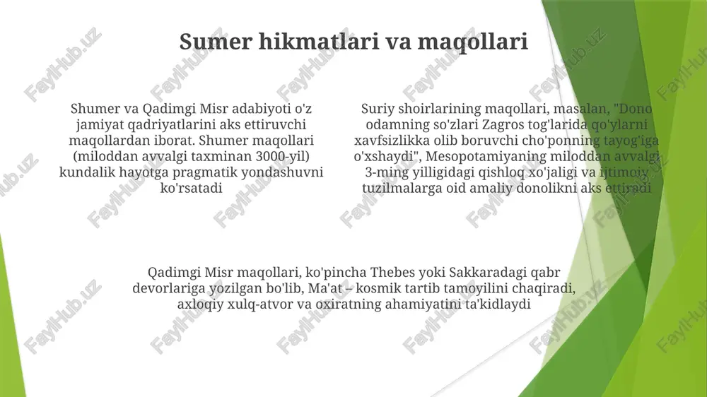 sh; enkidu, ishtar, utnapishtim kabi xudolar tasvirlangan; o'lim, do'stlik, shohlik mavzularini ochib beradi; klinxat bilan loy taxtachalarga yozilgan, uruk va nippur kabi joylarda topilgan. sumer-misr mavzusi taqqoslash tahlili ikki tsivilizatsiya ham adabiy ifoda uchun klin yozuvini (shumer) va iyerogliflardan (misr) foydalangan, bu rivoyat tuzilishi va kirish imkoniyatiga ta'sir ko'rsatgan shumer maqollari va donolik adabiyoti jamiyat qadriyatlariga yoritish beradi, misr didaktik adabiyoti (masalan, ptaxotepning nasihatlari) misr byurokratiyasidagi ijtimoiy tartib, axloq va to'g'ri xulq-atvorga e'tibor qaratadi sinuhe hikoyasi sumer adabiyoti, "sinuhe"dan asrlar oldin (masalan, gilgamesh dostoni, taxminan miloddan avvalgi 2100-yil) surgun, sarguzasht va qahramon yo'li kabi mavzularda o'xshashliklarga ega bo'lib, sinuhening xorijiy mamlakatlardagi tajribalarini tushunish uchun madaniy fon yaratadi; mesopotamiya ta'siri sinuhening hikoyasida sezilarli bo'lishi mumkin. misrlik zodagon sinuhe, amenemhat i ning vafotidan keyin (taxminan miloddan avvalgi 1800 yil) kena'on yerlariga qochib, yaqin sharqda urushlar, siyosiy fitnalar va shaxsiy kurash haqida hikoya qiladi. ptaxotepning nasihatlari ptaxotepning nasihatlari (mil. av. 2400 yil), qadimgi …