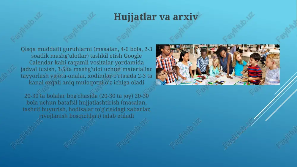 a) turli joylarda (o'yin maydonchasi, sinf xonasi yoki umumiy joy) 30-45 daqiqa davomida guruh faoliyatlariga o'tishini yaxshilash uchun vizual jadvallar (3-5 qadam), ijtimoiy hikoyalar (2-3 bet, o'tishga qaratilgan) va ijobiy rag'batlantirish (stikerlar yoki kichik mukofotlar) samarali strategiyalar hisoblanadi. mos mos keladigan mashg'ulotlarni tanlash qisqa muddatli guruhlar (masalan, 2 haftalik loyihalar)ni tashkil qilish diqqatli rejalashtirishni talab qiladi. aniq o'quv maqsadlarini (masalan, belgilangan vaqt ichida shakllar yoki ranglarni o'zlashtirish) belgilang. turli xil faoliyat turlariga mo'ljallangan joylarda moslashuvchan sinf xonalaridan foydalaning maktabgacha ta'lim muassasalarida (masalan, head start dasturlari) qisqa muddatli guruhlarni samarali boshqarish ijobiy rag'batlantirish (stikerlar, kichik mukofotlar), xulq-atvor muammolarini darhol tuzatish va bolalarning faolligini kundalik kuzatish (30 soniyali yozuvlar)ni o'z ichiga oladi e'tiboringiz uchun rahmat @taqdimot_robot image1.jpg image2.jpg image3.jpg image4.jpg image5.jpg image6.jpg image7.jpg image8.jpg image9.jpg image10.jpg image11.jpg image12.jpg image13.jpg image14.jpg image15.jpg