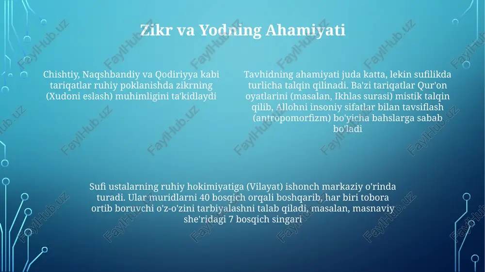 ''jizalar (karomat), ma'naviy ierarxiya va turli tariqatlardagi shayx (ma'naviy ustoz)ning roli haqidagi talqinlarda farqlar mavjud. bu misr, fors va markaziy osiyo kabi mintaqalardagi amaliyotlarga ta'sir qiladi. hadisning sufizm yo'llariga oid vakolatiga turlicha qarashlar mavjud. ba'zilari matn tahlilidan ko'ra tajribiy bilim (ma'rifa)ni ustuvor deb biladi, bu esa xudoning yagona ekanligi (tavhid), jon tabiati (nafs) va ittifoq yo'li (fana') haqidagi hadislarning turlicha tushunilishiga olib keladi chishtiy, naqshbandiy va qodiriy kabi tariqatlar hadislarni turlicha talqin qilib, paygʻambarlikka, allohning sifatlariga va avliyolarning shafoatiga oid eʼtiqodlarga taʼsir koʻrsatdi, koʻpincha soʻzma-soʻz talqinlardan koʻra shaxsiy tajribaga urgʻu berdi. 13-asr anadoluʼsidan 19-asr hindistonigacha hadislarning talqini juda xilma-xil boʻlgan. sufizm va qur'oniy matn quran oyatlarining (masalan, 53:2, 18:1) turli tariqatlardagi (masalan, naqshbandiya, shadhiliya) har xil talqinlari payg'ambarlik, ilohiy sifatlar va jon safariga (40 hadis) oid nozik e'tiqodlarga olib keladi. tariqatlar ichida talqinlar bo'yicha munozaralar mavjud. qur'onning ilohiy muhabbatga (masalan, 2:165, 5:54) urg'usi sufi amaliyotining markazida; boshlanish marosimlari (bay'a) va …