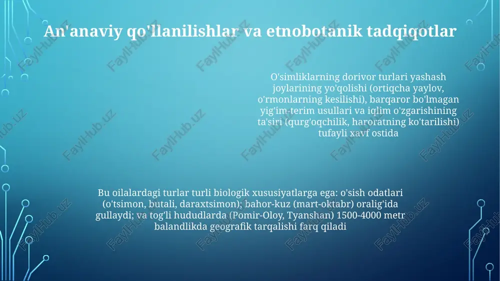 rkaziy osiyo) keng tarqalgan va dorivor xususiyatlarga ega. kamida 30 turi (1-turkum: 15 tur; 2-turkum: 15 tur) shifobaxsh xususiyatlarga ega (yallig'lanishga qarshi, og'riq qoldiruvchi) qoqio'tdoshlar oilasidan 12 o'simlik ekstraktiga oid 4 bakteriya shtamiga (masalan, e. coli, s. aureus) qarshi ta'sir mexanizmlari (masalan, 7 ta aniq yo'l) o'rganildi xulosa va tavsiyalar yashash joylarining yo'qolishi 20 dan ortiq turga ta'sir qilganligi sababli, tabiatni muhofaza qilish strategiyasi (joyida va joyidan tashqarida) juda muhim. barqaror yig'im-terim amaliyoti (masalan, kvotalar tizimi) tavsiya etiladi top 10 oʻsimlik turining anʼanaviy qoʻllanilishini tasdiqlash uchun i-iii fazali klinik sinovlar zarur. botaniklar (10+), farmatsevtiklar (5+) va mahalliy jamoalar (100+) oʻrtasidagi hamkorlik muhim. intellektual mulk huquqlari va foyda ulashish shartnomalari tuzilishi kerak. qoqio'tdoshlar va pechakdoshlar oilalari turli geografik hududlarda (masalan, markaziy osiyo, balandliklar) o'sadigan turli xil dorivor o'simliklarni o'z ichiga oladi. 30 dan ortiq turi an'anaviy tibbiyot uchun muhim bo'lgan biologik xususiyatlarga (antioksidant, antimikrobial) ega barqaror yig'im-terim va muhofaza qilish strategiyasi …