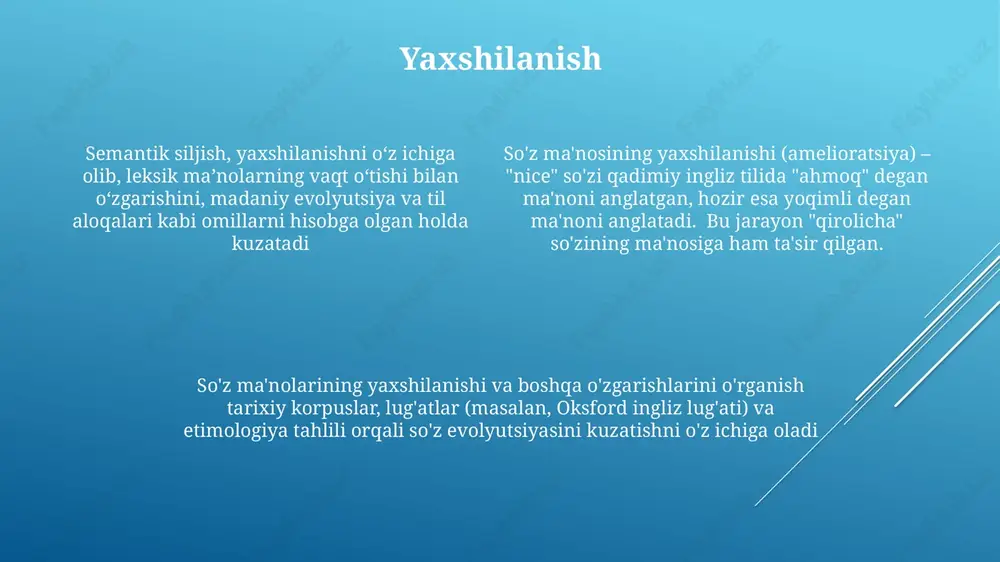 yaviy muassasagacha) ma'noga ta'sir qiladi. ma'no kengayishi so'z ma'nosi kengayishi (umumiylashish). masalan, "bayram" so'zi. "bank" so'zi dastlab daryo bo'yi (jismoniy joy) ma'nosini bildirib, keyinchalik (17-asr angliyasi) moliyaviy institutlarni ham anglatadigan bo'ldi. bu ma'no o'zgarishi g'arbiy iqtisodiyotlarga tarqalib, ingliz tilidagi moliya, savdo va kundalik nutqqa ko'plab joylarda ta'sir ko'rsatdi. "dahshatli" so'zi, 14-asr angliyadan "hayratga to'la" ma'nosidan kelib chiqqan bo'lib, salbiy ma'no o'zgarishiga uchragan. hozirgi ma'nosi yoqimsiz yoki dahshatli narsani bildiradi – turli lahja va ijtimoiy-lingvistik kontekstlarda to'liq teskari o'zgarish. bu so'zning ma'noviy tarkibining asrlar davomida sezilarli darajada rivojlanishini ko'rsatadi. salbiylashuv ma'noviy siljish salbiy ma'nolarga tomon asta-sekin, metaforik kengayish va istalmagan ijtimoiy guruhlar bilan bog'liqlik kabi omillar ta'sirida sodir bo'ladi. masalan, "wench" so'zi dastlab qiz bola degan ma'noni anglatgan, keyinchalik xizmatkorlik bilan bog'langan va oxir-oqibat salbiy ma'noga ega bo'lgan so'z ma'nosining yomonlashishi (pejoratsiya) vaqt o'tishi bilan so'z ma'nosining pasayishini anglatadi. masalan, 14-asr angliyada "silly" so'zi "muborak" degan ma'noni anglatgan, hozir esa ahmoqlikni …
