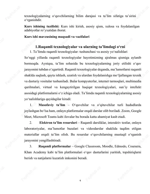 vchilarda bilimga bo‘lgan qiziqishni oshiradi. 5. oson baholash va monitoring – o‘qituvchilar raqamli platformalar orqali o‘quvchilarning faoliyatini kuzatishlari, ularning kamchiliklarini tez aniqlab, kerakli yo‘naltirishlar berishlari mumkin. 6. tezkor aloqa – o‘qituvchi va o‘quvchi o‘rtasida doimiy bog‘lanish imkoniyati mavjud bo‘lib, bu o‘quvchining o‘z vaqtida yordam olishini ta’minlaydi. muammolari esa: 1. texnik infratuzilmaning yetarli emasligi – internet tezligi, zamonaviy qurilmalar, elektr ta’minoti bilan bog‘liq muammolar ayrim hududlarda raqamli ta’limning samarali bo‘lishiga to‘sqinlik qiladi. 2. raqamli savodxonlikning pastligi – ayrim o‘qituvchilar va o‘quvchilar zamonaviy texnologiyalarni to‘liq tushunmaydi yoki undan samarali foydalana olmaydi. bu esa ta’lim jarayonining sifatsizlashishiga olib keladi. 3. ijtimoiy aloqalarning kamayishi – masofaviy o‘qitishda o‘quvchi va o‘qituvchi o‘rtasidagi bevosita aloqa yetishmaydi. bu esa bilimlarni tushunishda ayrim hollarda qiyinchilik tug‘diradi. 4. motivatsiyaning kamayishi – doimiy nazorat va muhit bo‘lmagani uchun ba’zi o‘quvchilar mustaqil o‘rganishga intilmaydi. bu esa intizom va bilim darajasiga salbiy ta’sir qiladi. 5. ko‘z va sog‘liq bilan bog‘liq muammolar – …