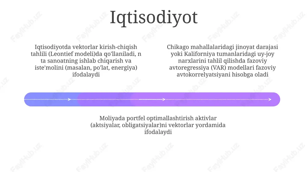 0) 3d sahnadagi nuqtalarga nurlar yuborish), yorug'lik hisoblashlari (phong soyali modelidan foydalanib, (x=2,y=3,z=4) manbaasidan (x=5,y=7,z=9) sirtiga yorug'lik vektorlarini hisoblash) va to'qimalarni xaritalash (ko'pburchak modellarda uv koordinatalarini (u=0.5, v=0.7) qo'llash) fizika qo'llanmalari nyutonning 2-qonuni (f=ma) vektorlardan foydalanadi: kuch (f), tezlanish (a) vektorlar; (2,3)m da 5kg jisimga 0° da 3n va 90° da 4n ta'sir etganda hosil bo'ladigan kuchni hisoblash uchun vektorlar qo'shilishi kerak elektromagnitsim vektorlardan keng foydalanadi: elektr maydonlari (e), magnit maydonlari (b) va tok zichligi (j) vektorlardir. kulon qonuni ((x1,y1) va (x2,y2) da zaryadlar orasidagi kuch) va bio-savar qonuni (tok elementi tomonidan hosil qilingan magnit maydon) vektor hisob-kitoblarini talab qiladi qattiq mexanika dagi stress va deformatsiya tenzorlari 2-tartibli tenzorlar (3x3 matritsalar bilan ifodalanadi) bo'lib, vektorlarning umumlashmasidir. ko'prikning tayanch nuqtasidagi (a nuqtasi, (x,y,z) koordinatalari) stressni (birlik yuzaga to'g'ri keladigan kuch) tahlil qilish tenzor hisob-kitoblarini talab qiladi e'tiboringiz uchun rahmat @taqdimot_robot image1.jpeg image2.jpeg image3.jpeg