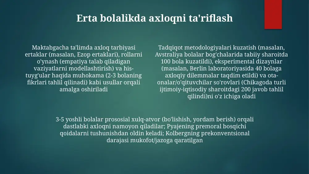 ali strategiya: hikoya kitoblari ("saxiy daraxt" kabi), qo'g'irchoq teatri (2-5 qo'g'irchoq), 15-25 bola ishtirokida axloqiy muammolar va ijobiy obrazlarni aks ettiruvchi o'yinlar bolalar bogʻchalarida (masalan, italiyadagi montessori va reggio emilia maktablari) oʻyin orqali axloq tarbiyasi qoʻllaniladi. oʻqituvchilar 20 dan ortiq bolaga moʻljallangan sinflarda (oʻyinchoqlarni baham koʻrish, mojarolarni hal qilish kabi) vaziyatlarni nozik tarzda yaratadilar, hamkorlik, adolat va hurmatni rivojlantiradilar empatiya va rahm-shafqatni o'rgatish 3-5 yoshli bolalar kuniga 20 daqiqalik empatiya mashqlaridan foyda ko'radi; turli xil personajlar (masalan, yaponiyadagi xafa bo'lgan bola, afrikadagi och bola) ishtirokidagi rollarni o'ynash har xil emotsional manzaralar va madaniy kontekstlarni tushunishni rivojlantiradi tajovuzkor xulq-atvorga qarshi kurashish 2-4 yoshli bolalardagi axloqiy tarbiyada rol o'ynash stsenariylari ("o'zingda nima bo'lardi.. maktabgacha yoshdagi bolalarda axloqiy rivojlanish nazariyalari maktabgacha ta'lim muhiti (montessori, reggio emilia) hamkorlikdagi loyihalar, konfliktlarni hal qilish strategiyasi, demokratik sinf tuzilmalari orqali hamkorlik va mas'uliyatni (masalan, sinfni tozalash) rivojlantirib, axloqiy tarbiyaga ta'sir qiladi maktabgacha ta'lim muassasalarida (aqsh, buyuk britaniya, …