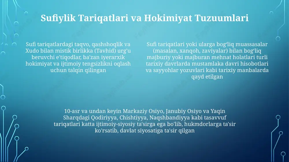 gan. g'isht zavodlari va qishloq xo'jaligida ekspluatatsiya qilingan. "pir-bandagi" e'tiqodi itoatkorlikka sabab bo'lgan. 2015-yildan beri rajastan va uttar pradesh shtatlaridagi dargoh ziyoratgohlarida (sufi ziyoratgohlari) 500 dan ortiq jabrlanuvchi bilan majburiy mehnatning ko'pgina holatlari qayd etilgan; chishtiy va suhravardiy tariqatlari ayblanmoqda; diniy hokimiyat nazoratni saqlash, qochishning oldini olish uchun imonni ishlatgan. sufi tariqatlardagi qarshilik va norozilik sufi tariqatlardagi (masalan, chishtiyya va naqshbandiyya tariqatlaridagi avliyolar hokimiyati, vali maqomi haqidagi) teologik kelishmovchiliklar ichki nizolarga sabab bo'ldi majbur mehnatga qarshilik ko'pincha keng ijtimoiy-siyosiy harakatlar bilan kesishgan; sufi tarmoqlari, iyerarxik bo'lsa-da, norozilik uchun kanallarni ta'minlab, zulm ko'rgan guruhlar o'rtasida aloqa va tashkilotchilikni osonlashtirgan (masalan, darvish sayohatlari orqali aloqa, diniy yig'ilishlardan foydalanish) sufi tariqatlarga kolonializmning ta'siri g'arbcha huquqiy tizimlarning (masalan, britaniya umumiy huquqi) joriy etilishi an'anaviy sufi hokimiyatiga va nizolarni hal qilish mexanizmlariga tahdid soldi, sufi tariqatlari va mustamlaka sudlari o'rtasida keskinliklarni keltirib chiqardi mustamlaka hokimiyati sufi tariqatlaridagi mavjud ijtimoiy iyerarxiyalardan foydalanib, hokimiyatini mustahkamladi, bu esa …