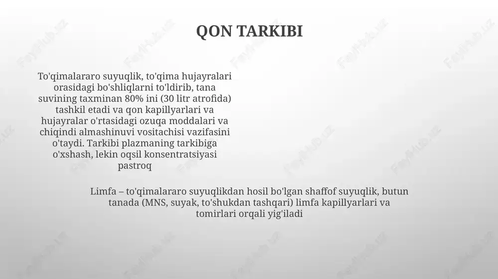 ydi. qon plazmasi (qon hajmining 55%) to'qima suyuqligiga prekursor hisoblanadi; uning tarkibiy qismlari – suv, elektrolitlar (na+, k+), glyukoza, o2 – kapillyar devorlari orqali diffuziya qiladi; gidrostatik va ozmotik bosim farqlari skelet mushaklari va jigar kabi to'qimalarda bu almashinuvni boshqaradi. limfa tizimi limfa sistemas: taxminan 600 ta limfa tuguni, limfa tomirlari (kuniga 3 litr suyuqlik) va limfoid organlar (taloq, timus, bodomsimon bezlar) tarmog'i to'qimalararo suyuqlik: ~12 litr 10¹³ hujayrani o'rab turadi; tarkibi qon plazmasiga o'xshash (protein kamroq); ozuqa va chiqindi almashinuvi; limfa kapillyarlari ortiqcha suyuqlik va proteinlarni yutib, shishishni oldini oladi; limfa tomirlari mintaqaviy limfa tugunlarida birlashadi. immunitet javobi qon, biriktiruvchi to'qima, kislorod, ozuqa moddalarini, gormonlarni va immun hujayralarini (leykotsitlar, jumladan limfotsitlar: b hujayralari, t hujayralari, nk hujayralari) arteriyalar, venalar va kapillyarlar orqali butun tanaga tashiydi to'qimalardagi hujayralarni o'rab turgan to'qima suyuqligi qon kapillyarlari bilan ozuqa moddalari va chiqindi mahsulotlarini almashinadi. limfa tizimi bu suyuqlikni limfa sifatida to'playdi va uni …