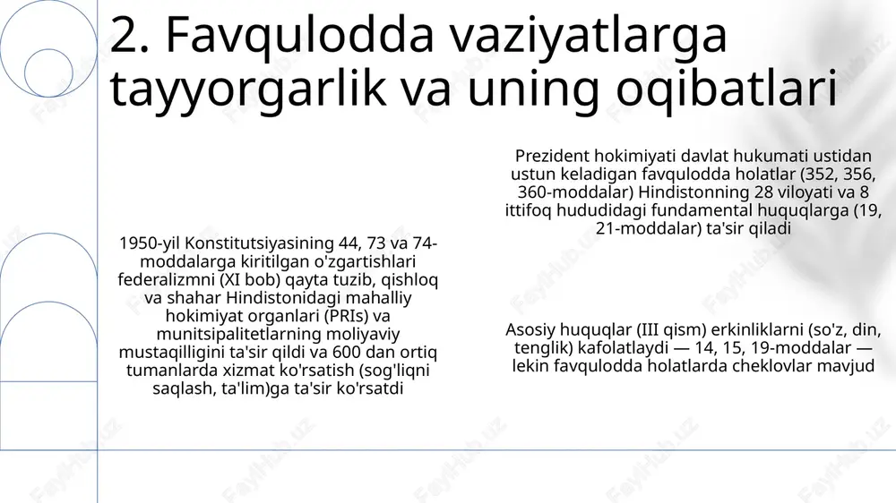 uzumida shaxsiy erkinliklar va milliy manfaatlar o'rtasidagi muvozanatni namoyish etadi. 8. asosidagi huquqlar: fuqaroning qalqoni 1920-yilda qabul qilingan 19-o'zgartish aqshda ayollarga saylash huquqini berdi va siyosiy vaziyatni tubdan o'zgartirdi. saylovchilarning faolligi shtatlar bo'yicha farq qildi (masalan, viskonsinda yuqori, mississippida tarixan past), bu o'zgarishlarning ta'sirini ko'rsatadi fuqarolar huquqlarini kengaytirishga qaratilgan konstitutsiyaviy o'zgartishlar (masalan, 13, 14, 15-moddalar) fuqarolar urushidan keyin qabul qilingan. ammo, janubiy shtatlardagi jim crow qonunlari (masalan, saylov soliqlari, savodxonlik testlari) afro-amerikalik fuqarolarning siyosiy ishtirokini jiddiy cheklagan, bu esa oliy sudning muhim qarorlariga (brown v 9. fuqarolik va uning oqibatlari dpsplarni amalga oshirishdagi qiyinchiliklar: resurslar yetishmasligi, aholining o'sishi (47-moddaning maqsadlariga ta'sir qiladi) va amalga oshirishdagi bo'shliqlar. siyosiy iroda va samarali boshqaruv muhim ahamiyatga ega hindistondagi dpsplarning amalga oshirilishi shtatlar bo'yicha farq qiladi. masalan, keralaning sog'liqni saqlash va savodxonlikka yo'naltirilishi 47 va 45-moddalarga sodiqlikni aks ettiradi; maharaştraning yer islohotlari tashabbuslari (teng taqsimotga qaratilgan 39(b)-modda) turli yondashuvlarni ko'rsatadi hindistonning 1950-yilgi konstitutsiyasining iv …