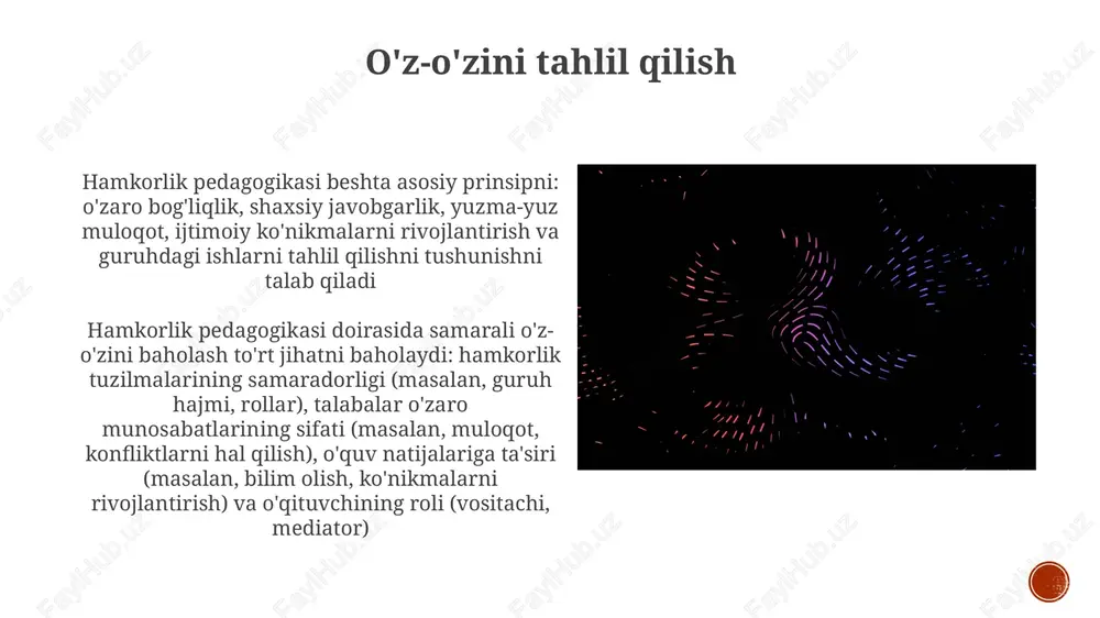 , individual va guruh testlari, 10% tengdosh baholash) kerak. tanqidiy fikrlash hamkorlik pedagogikasining konceptual ramkalari, masalan, vygotskiyning ijtimoiy-madaniy nazariyasi (yaqp), 3-6 talabaning hamkorligini rag‘batlantiruvchi tuzilgan guruh faoliyatlarini (masalan, jigso usuli, o‘ylab-juftlashib-bo‘lishish) ta’kidlaydi, bu esa mamlakat maktablari bo‘yicha an’anaviy leksiya asosidagi modellarga nisbatan bilimni 70-80% ga yaxshilashga yordam beradi. tanqidiy fikrlash ko'nikmalari (tahlil, sintez, baholash) samarali hamkorlikda o'rganish uchun juda muhim; muvaffaqiyatli guruh loyihalari chikagodagi shahar yoki ayovadagi qishloq kabi turli geografik joylardagi sinflardagi 2-5 talabaning turli nuqtai nazarlarini talab qiladi va muammoni hal qilish samaradorligiga ta'sir qiladi. jamoatchilikni birlashtirish ijtimoiy adolat hamkorlikdagi o'rganish tuzilmalari ijtimoiy adolatga erishishda chetlashtirilgan ovozlarni qo'llab-quvvatlaydi. samarali qo'llanilishi uchun baholash tizimi muhim. ijtimoiy adolat tushunchalari (masalan, roulsning adolat nazariyasi, qoplanuvchi zulm tizimlarini o'rganuvchi kesishuvlilik nazariyasi) hamkorlik pedagogikasini shakllantiradi e'tiboringiz uchun rahmat @taqdimot_robot image4.jpg image5.jpg image6.jpg image7.jpg image8.jpg image9.jpg image10.jpg image11.jpg image12.jpg image13.jpg image14.jpg image15.jpg image16.jpg image17.jpg image18.jpg image19.jpg image20.jpg image1.png image2.png image3.png