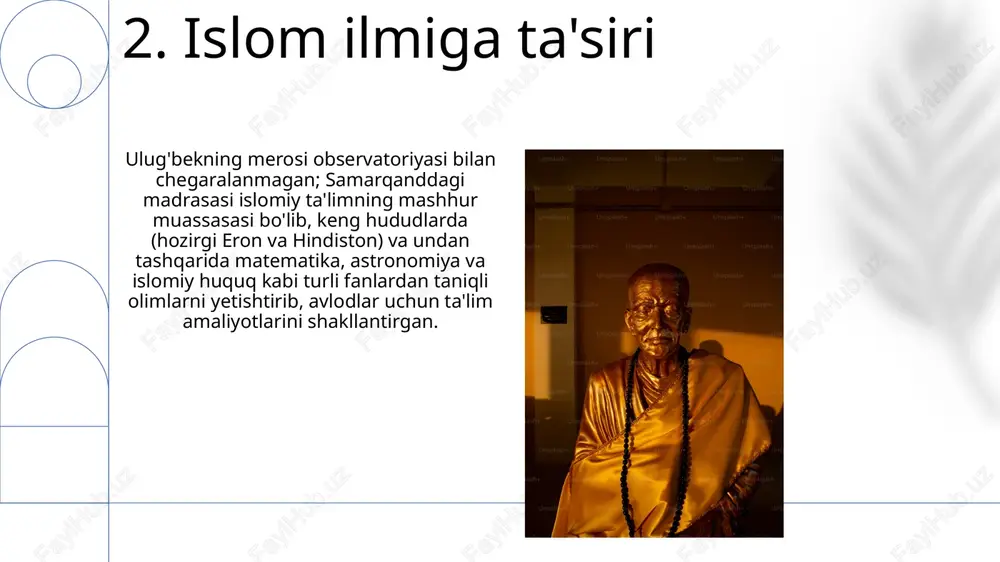 gini yaratgan. ulug'bekning trigonometriya sohasidagi ishlari, jumladan, sinus jadvallarini oltilik tizimda besh o'ringa aniq hisoblashi matematik aniqlikka ulkan hissa qo'shdi. uning rasadxonasining merosi markaziy osiyo va butun dunyodagi tarixiy astronomiya tadqiqotlariga ta'sir ko'rsatib, 15-asr ilmiy taraqqiyotiga bo'lgan tushunchamizga ta'sir o'tkazmoqda. 12.adabiy asarlar va yozuvlar uning homiyligi samarqandda yirik intellektual markazning vujudga kelishiga sabab bo'lib, yevrosiyodan olimlarni mashhur kutubxonaga jalb qildi, natijada astronomiya, matematika va tibbiyot kabi sohalarda ko'plab qo'lyozmalar va ilmiy risolalar yaratildi, mintaqadagi ilmiy bilimlarni doimiy ravishda o'zgartirdi va bardavom meros qoldirdi. ulug'bekning ilmiy hissasi astronomiyadan tashqari matematikaga, xususan trigonometriyaga ham taalluqli bo'lib, sferik trigonometriya hisob-kitoblaridagi yutuqlari va matematik asarlari keyinchalik qit'alar bo'ylab, xususan fors va hindistonda matematiklarga ta'sir ko'rsatib, ularning astronomiya va matematik matnlariga ta'sir qilgan. e'tiboringiz uchun rahmat @taqdimot_robot image1.png image2.jpg image3.jpg image4.jpg image5.jpg image6.jpg image7.jpg image8.jpg image9.jpg image10.jpg image11.jpg image12.jpg image13.jpg