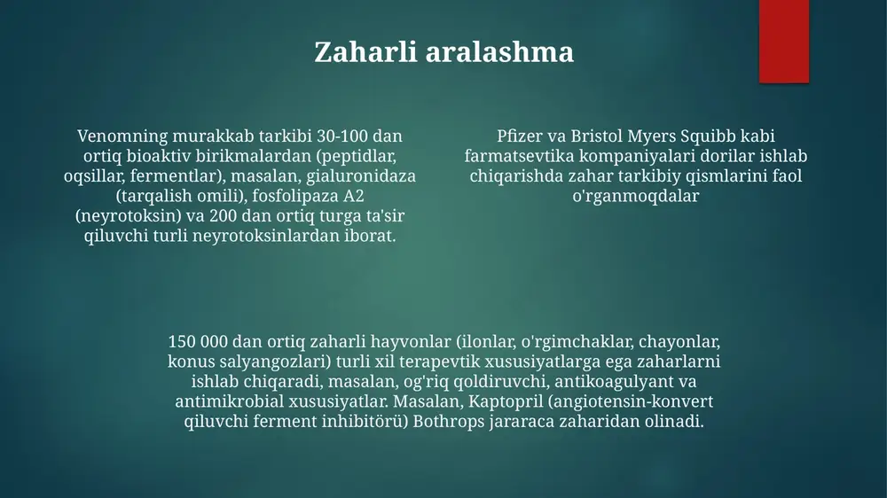 ra migratsiyasini yaxshilash orqali yara bitishini yaxshilaydi, amfibiya terisi sekretsiyasidagi defensinlar esa yuqumni oldini olib, yara bitishini sekinlashtiruvchi asosiy asoratni bartaraf etadi asal zahridagi gialuronidaza (apis mellifera) kabi zahar tarkibiy qismlari shishni kamaytirib va hujayra migratsiyasini yaxshilash orqali yara bitishini yaxshilaydi, amfibiya terisi sekretsiyasidagi defensinlar esa yuqumni oldini olib, yara bitishini sekinlashtiruvchi asosiy asoratni bartaraf etadi ferment inhibitorlari braziliya sayohatchi o'rgimchak (phoneutria nigriventer) zaharlaridagi ko'plab ferment ingibitorlari neyrotransmissiya bilan bog'liq ion kanallari va fermentlarga ta'sir qiladi. phtx3 kabi bu ingibitorlar gipertenziya va insultni davolashda potentsialiga ega bo'lib o'rganilmoqda, klinikadan oldingi tadqiqotlar 5-10µg/kg dozalarda umid baxsh etuvchi natijalarni ko'rsatmoqda. konus salyangozlari (conus turi) ion kanallari va retseptorlarini nishonlaydigan peptid asosidagi ferment inhibitörlari bo'lgan konotoksinlarni ishlab chiqaradi markaziy amerikadagi bothrops asper (fer-de-lance) iloni kabi zaharli hayvonlar tromboz (qon ivish) va yallig'lanishni davolashda muhim ahamiyatga ega bo'lgan serin proteaza ingibitorlari (masalan, bpti) kabi kuchli ferment ingibitorlarini beradi. davolashda yallig'lanishga qarshi ta'sir uchun 20-30 …