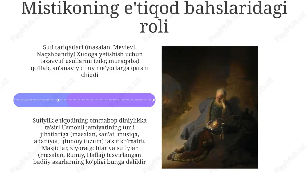,000+ izdoshi bor deb taxmin qilinadi. sufiylik ta'limotlarining tarqalishi 01 02 sabot-ul-ojizin davrida sufiylik ta'limotining tarqalishi qiyinchiliklardan holi bo'lmagan. mo'g'ul imperiyasi (1526-1857)ning o'sishi siyosiy va ijtimoiy muhitga ta'sir ko'rsatib, sufiylik tariqatlarining homiyligi va qabul qilinishiga ham ta'sir etgan. shariat qonunining talqinlari atrofidagi maxsus teolojik nizolar ortodoks olimlar bilan to'qnashuvlarga olib kelgan 16-18-asrlar sabot-ul-ojizin davrida hindiston subkontinentida, xususan, dehlida, sindda va bengalda sufizmning keng tarqalishi kuzatildi. chishtiyya, naqshbandiyya va suhrawardiyya kabi yirik tariqatlar olloh bilan mistik birlik (tavhid) va zikr kabi amallarni ta'kidlovchi ta'limotlari bilan ko'plab izdoshlarni jalb qildi sales 1st qtr 2nd qtr 100 0 sales 1st qtr 2nd qtr 100 0 e'tiboringiz uchun rahmat @taqdimot_robot image4.jpg image5.jpg image6.jpg image7.jpg image8.jpg image9.jpg image10.jpg image11.jpg image12.jpg image13.jpg image14.jpg image15.jpg image1.jpeg image2.jpeg image3.jpeg