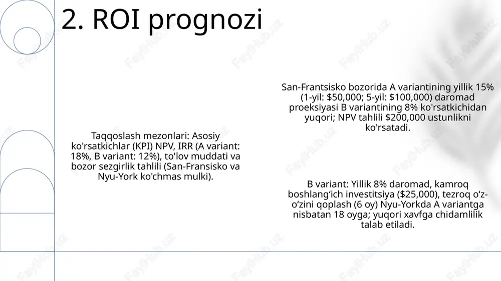 ik (2x), lekin qimmatroq ($20k qo'shimcha); b – arzonroq, lekin masshtablanishi cheklangan, london/nyu-york filialida ishlash muammolari bo'lishi mumkin. 9. o'lchamlarni baholash boshlang'ich kapital xarajatlar, yillik ekspluatatsiya xarajatlari (ta'mirlash, energiya va boshqalar), foydalanish muddati (yil), geografik joylashuv ta'siri, umumiy hayot davri xarajati (5% lik chegirma stavkasi qo'llaniladi). variant b: boshlangʻich investitsiya – 80 000$; yillik texnik xizmat koʻrsatish (1-10 yillar) – 7 000$; joylashuv: london, angliya; 5-yilda 20 000$ modernizatsiya talab etiladi. a variant: 150.000$ boshlangʻich investitsiya; yillik texnik xizmat: 1-5-yillar 5.000$, 6-10-yillar 10.000$; 10-yil almashtirish narxi 75.000$; joylashuvi: nyu-york shahri. 10. umumiy egalik narxi a variant 25% tezroq integratsiya qiladi (benchmark: 1000 tranzaksiya/sek) aws lambda & api gateway orqali; london ma'lumotlar markazi kechikish testlarida b variantining 15% dan ortda qoldi (o'rtacha 12ms ga qarshi 18ms). xarajat tahlili a variantda 30% tejashni ko'rsatdi. variant a, variant b ga nisbatan 3 ta kam api (7 ga qarshi 10) bilan integratsiyalanadi; variant b …