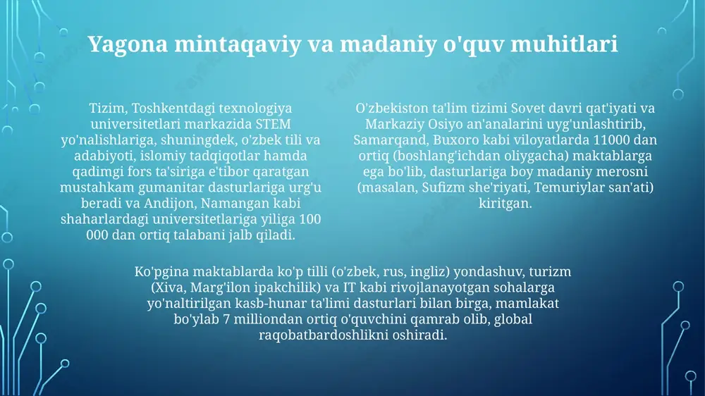 an ortigʻini taʼlimga yoʻnaltiradi, bu mintaqadagi oʻrtacha koʻrsatkichdan yuqori; 2017 yildan beri 350 dan ortiq yangi maktab, ayniqsa qoraqalpogʻiston va fargʻona vodiysidagi qishloq joylarida qurilgan boʻlib, 2 milliondan ortiq oʻquvchini qamrab olgan o'zbekiston ta'lim tizimi an'anaviy islom ilm-fani (100 dan ortiq madrasa bilan) va zamonaviy g'arbiy dasturlarni uyg'unlashtirib, madaniy meros va jahon raqobatbardoshligini birlashtiradi xalqaro hamkorlik va sherikliklarning o'sishi e'tiboringiz uchun rahmat @taqdimot_robot image1.png image2.png image3.png image4.png image5.png