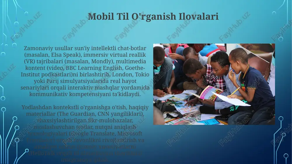 . immersiv vr/ar texnologiyalari parij yoki tokio kabi virtual muhitlardagi o'yinlashtirilgan mashqlar orqali 3d modellardan va interaktiv stsenariylardan foydalanib, immersiv vr/ar tili o'rganish an'anaviy darslik usullaridan ustun bo'lib, lug'at boyligini 20-30% ga oshiradi. kengaytirilgan reallik ilovalari lug'atni haqiqiy dunyo ob'ektlariga qo'shib, kontekstual tushunish va yodlashni 15% dan ortiq oshiradi (masalan, londondagi kvartirada 500 dan ortiq kartochkadan foydalanib, mebellarni ispan tilida nomlash). multimedia kuchı multimedia, an'anaviy usullarga nisbatan lug'at boyitishni 25-40% ga oshiradi; oxford, buyuk britaniyadagi sinflarda interaktiv videolar, 3d modellardan foydalanish talaffuz va ravonlik ko'rsatkichlarining kembrij baholash me'yorlaridan 15% yuqori ekanligini ko'rsatdi. madrid va nyu-yorkdagi 500 ishtirokchida o'tkazilgan tadqiqotga ko'ra, vr parij va tokio kabi muhitlarda tilni o'rganuvchilarni chuqur qamrab olib, real hayotdagi suhbatlarni simulyatsiya qiladi va an'anaviy darslardan 20% ko'proq grammatika qoidalari va idiomatik ifodalarni yodda saqlashga yordam beradi. e'tiboringiz uchun rahmat @taqdimot_robot image3.jpg image4.jpg image5.jpg image6.jpg image7.jpg image8.jpg image9.jpg image10.jpg image11.jpg image12.jpg image13.jpg image14.jpg image15.jpg image16.jpg image17.jpg image18.jpg …