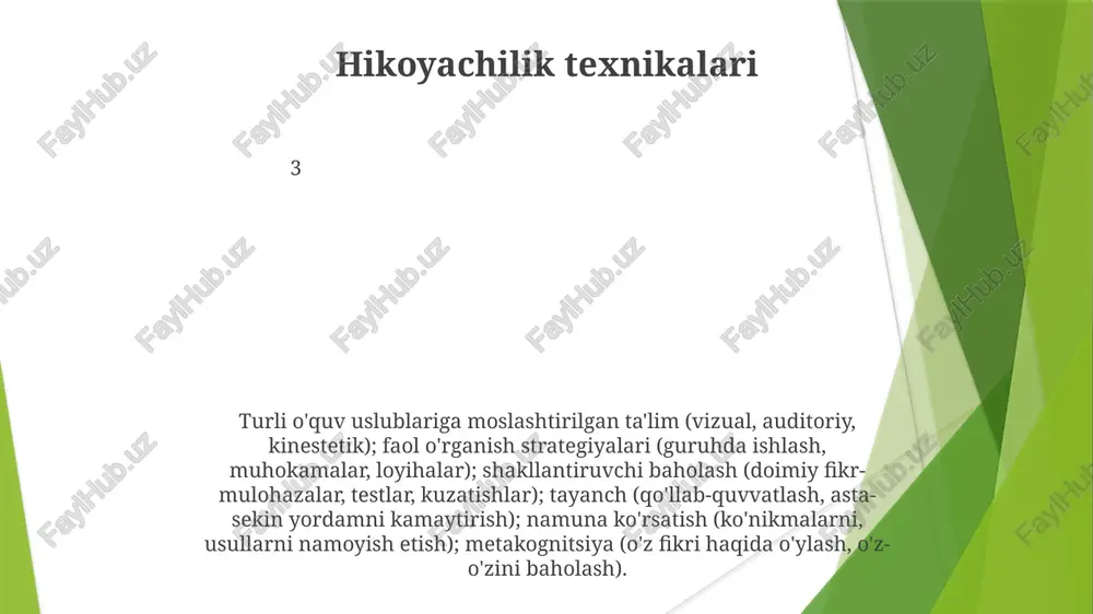), hamkorlik (2-4 talabadan iborat guruhlar), amaliy qo'llanma (masalan, denver, koloradodagi mahalliy jamoa uchun ekologik bog' yaratish) va taqdimot (masalan, shahar kengashiga 10 daqiqalik taqdimot) o'qitish usullari: differentsiallashgan o'qitish turli o'rganish uslublariga (ko'rish, eshitish, harakat) va tempga moslashadi. konstruktivist o'qitish avvalgi bilimlarga (masalan, 18-asr fransiya inqilobini bilib olishga asoslanib) faol o'rganish (asosiy manbalarni o'rganish, 2-3 ta tajriba o'tkazish) orqali chuqur tushunishni rivojlantiradi e'tiboringiz uchun rahmat @taqdimot_robot