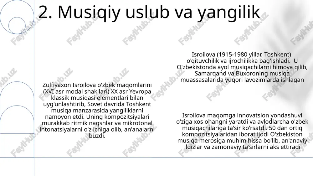 a batafsil bayon etilgan. uning asarlari markaziy osiyo va yevropadagi kamida 5 ta yirik muzey to'plamlarida saqlanadi, umumiy bozor qiymati 100 000 dollardan oshadi isroilova mukofotlardan tashqari buxoro va farg'onadagi ustalik kurslari orqali 50 dan ortiq yosh hunarmandlarni o'qitib, an'anaviy o'zbek texnikalarini saqlab qoldi zulfiyaxonim isroilova 2018-yilda toshkentda oʻzbekiston hukumati tomonidan "xalq sanʼatkori" unvoniga sazovor boʻldi. uning oʻzbek [sanʼat turi, agar maʼlum boʻlsa yozing, masalan, gilam toʻqish, musiqa] sohasidagi ulkan hissasi eʼtirof etildi 9. mukofotlar va taqdirlash isroilova merosida 500 dan ortiq spektakl, 25 an'anaviy o'zbek qo'shig'ining saqlanishiga hissa qo'shishi, toshkent davlat konservatoriyasida ko'plab talabalarga ta'lim berishi va o'zbek musiqa merosiga qo'shgan hissasi uchun "fidokorona xizmatlari uchun" ordeni (1970-yillar) jumladan, ko'plab davlat mukofotlariga sazovor bo'lishi kiradi. uning toshkent, buxoro kabi o'zbekistonning yirik shaharlaridagi (1940-1980 yillar) o'nlab yillar davom etgan chiqishlari uni klassik o'zbek musiqasining yetakchi ijrochisi sifatida mustahkamladi; u 3 taniqli dutorchi bilan hamkorlik qilib, o'ziga xos vokal uslubini namoyish …