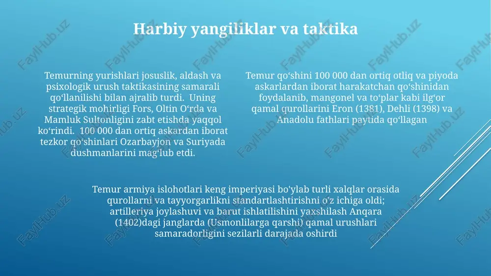 uch bilan birga, ayyor siyosiy manevrlar va diplomatik muzokaralarni o'z ichiga olgan. u o'z ta'sirini kengaytirish uchun kuch va diplomatiyani mohirona qo'llagan meros va madaniy ta'sir temurning shafqatsiz yurishlari, dehli (1398) va damashq (1400) kabi hududlarda keng qirgʻinlarga olib keldi, lekin shu bilan birga temur davri intellektual va badiiy yuksalishi ham uzoq muddatli madaniy taʼsirlarni qoldirdi temur samarqanddagi keng kutubxonasi, son-sanoqsiz qo'lyozmalar bilan to'lib-toshgan va olimlarni o'ziga jalb qilgan, uning ilm-fan rivojiga va butun islom olamining bilimlarini tarqatishiga qo'shgan hissasi sifatida qaraladi. zo'ravon bo'lsada, ma'muriyati keyingi imperiyalarga ta'sir ko'rsatgan samarali boshqaruv tizimlarini yaratdi temur merosi fors, markaziy osiyo va hindistonga chuqur taʼsir koʻrsatib, samarqanddagi bibi-xonim masjidi (1399-1404) va registon maydoni kabi meʼmoriy mo''jizalarni qoldirdi va uning xiv asr imperiyasidagi sanʼat va meʼmorchilikka homiyligi asrlar davomida madaniy rivojlanishga taʼsir koʻrsatdi shahar qurilish va infratuzilma temur samarqand, buxoro va hirotda amalga oshirgan shaharsozlik loyihalari, jumladan, registon maydonidagi xv asr masjidlari va madrasalari, …