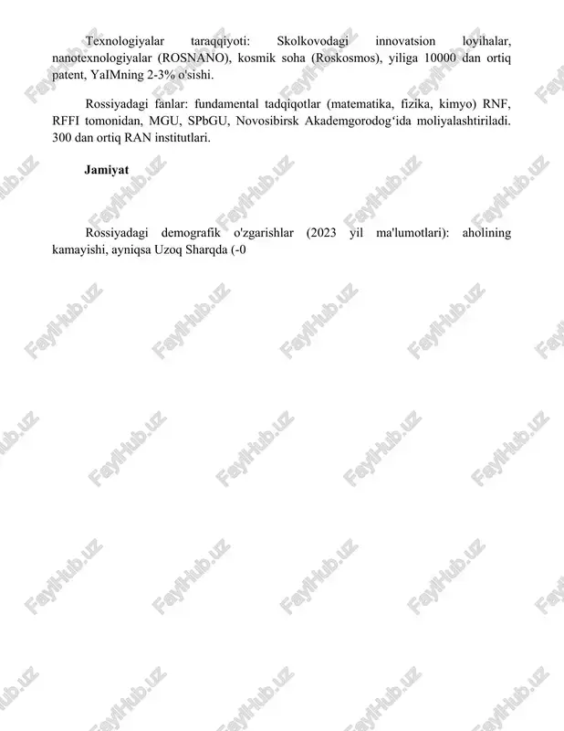 ida moliyalashtiriladi. 300 dan ortiq ran institutlari. jamiyat rossiyadagi demografik o'zgarishlar (2023 yil ma'lumotlari): aholining kamayishi, ayniqsa uzoq sharqda (-0 xulosa xulosa qilib aytganda, tadqiqot ushbu muammoning yanada chuqur o'rganilishini talab qiladi. olingan natijalar qisman ilgari surilgan farazlarni tasdiqlaydi va kelajakdagi tadqiqotlar uchun yangi istiqbollarni ochadi. mavjud tahlilning cheklashlarini hisobga olish zarur. foydalanilgan adabiyotlar pushkin, a.s. evgeniy onegin. moskva: badiiy adabiyot, 1986. tolstoy, l.n. urush va tinchlik. moskva: badiiy adabiyot, 1984. dostoevskiy, f.m. jinoyat va jazoni. moskva: badiiy adabiyot, 1970. chexov, a.p. to'liq asarlari va maktublari 30 jildda. moskva: fan, 1974-1983. bulgakov, m.a