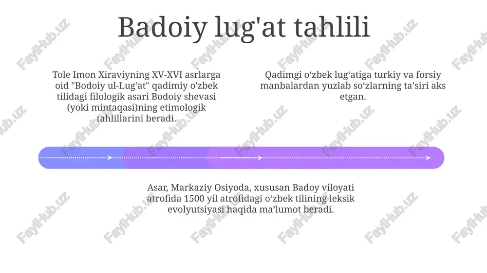 lik evolyutsiyasi haqida qimmatli ma'lumot beradi o'zbek tilining qadimgi shakllaridan rivojlanishini tushunishga qo'shgan hissasi bilan filologik ahamiyatga ega. asarning filologik jihatlari qadimgi o'zbek so'zlari uchun uyali alifbo (abjad) tartibini qo'llagan lug'at tuzilmasi avvalgi arabcha lug'atlarga o'xshaydi, ko'pincha fors va arabcha qardosh so'zlarni o'z ichiga oladi tole' imon xiraviyning 15-asrga oid qadimgi o'zbek tilshunoslik asari "badoi ul-lug'at"da transoxoniya (hozirgi o'zbekiston, tojikiston va turkmaniston, qozog'istonning ayrim qismlari)da tarqalgan turkiy tillarning lug'ati, etimologiyasi va grammatik tuzilmalari bo'yicha 3000-5000 ga yaqin ma'lumot berilgan "badoi ul-lug'at"ning filologik tadqiqi qadimgi o'zbek fonetikasi, morfologiyasi va sintaksisi bo'yicha muhim ma'lumotlarni ochib beradi. tadqiqotchilar uni tarixiy tovush o'zgarishlarini tiklash, grammatik toifalarning evolyutsiyasini o'rganish va fors va arab tillarining ta'sirini kuzatish uchun ishlatishadi tadqiqot metodikasi add text add text add text add text add text add text tole' imon xiraviyning 16-asrda samarqandda yozilgan "badoi ul-lug'at" filologik asari qadimgi o'zbek, fors va arab lug'atlarini taqqoslab o'rgangan. xiraviyning metodikasi 2000 dan ortiq …