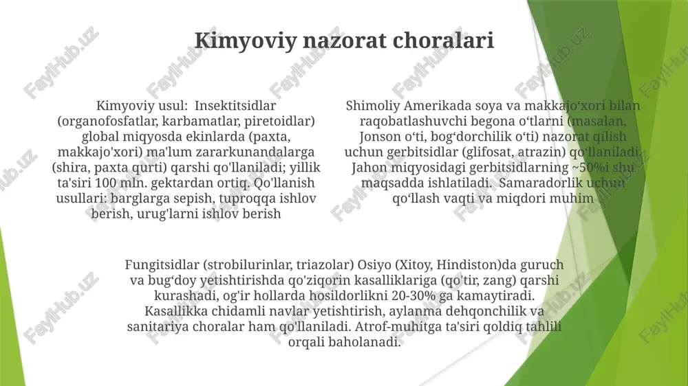 kabi hosil zararkunandalari katta iqtisodiy zarar keltiradi begona nazorat strategiyasi makkajo'xori (zea mays) dalalarida 3 bargli bosqichda gerbitsid (gliphosat, 2,4-d) sepish aqshning ayova shtatida jonjonli o't (sorghum halepense) va oddiy ambroziya (ambrosia artemisiifolia) kabi begona o'tlarga qarshi kurashda hosildorlik yo'qotilishini 15-20% ga kamaytiradi. 3 yillik aylanma ekish (soya, bug'doy) va chidamli navlar zararkunandalar (bit, nematodalar) va begona o'tlar (amarant, kanada qoqisi) bosimini kamaytirib, aqshning illinoys shtatida tuproq salomatligini va hosildorligini 10-15% ga oshiradi. aqshning texas shtatida paxta (gossypium hirsutum)da ipm (zararkunandalarga integratsiyalashgan kurash) feromon tuzoqlari yordamida kapalaklar (helicoverpa zea) populyatsiyasini kuzatishni o'z ichiga oladi. bt paxta navlari va tanlangan insektitsidlar (masalan, spinosad) iqtisodiy chegaralarda qo'llanilib, pestitsidlar ishlatilishini va rezistentlik rivojlanishini kamaytiradi. monitoring va kuzatuv texnologiyalari nematod zararkunandalari va ularga qarshi kurash ildiz tugun nematodalari (meloidogyne spp.) jahon hosilining 70% dan ko'prog'ini vayron qiladi; idaho'da kartoshka (solanum tuberosum) hosilini 50% ga kamaytiradi va kaliforniyada pomidor (solanum lycopersicum) ga katta zarar yetkazadi …