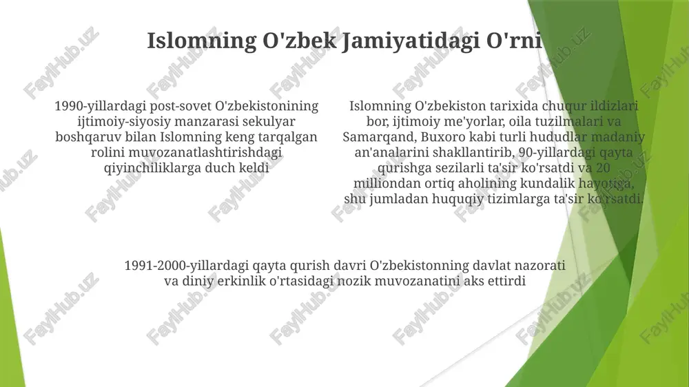 zlik muammolariga duch keldi. xususiylashtirish va bozor liberallashuvi kabi iqtisodiy islohotlar ijtimoiy barqarorlikka taʼsir koʻrsatuvchi notekis rivojlanishga olib keldi islom karimovning (1989-2016) avtoritar hukumronligi noroziliklarni bostirdi, inson huquqlari va fikr erkinligiga ta'sir ko'rsatdi. undan keyin shavkat mirziyoyevning prezidentligi (2016-hozirgi kungacha) siyosiy va iqtisodiy islohotlarni, jumladan qo'shni davlatlar bilan munosabatlarni yaxshilashni (masalan, farg'ona vodiysidagi chegaraviy masalalar bo'yicha qirg'iziston bilan) boshladi xorijiy investitsiyalar (asosan xitoy, janubiy koreya va rossiyadan) o'zbekiston iqtisodiyotini rivojlantirdi, lekin shu davlatlarga bog'liqlikni ham oshirdi. sanoatlashtirish (ayniqsa, energetika va konchilik sohalarida) orqali iqtisodiyotni diversifikatsiya qilish bo'yicha hukumat sa'y-harakatlari turlicha muvaffaqiyatga erishdi tashqi siyosat va xalqaro munosabatlar siyosiy-ijtimoiy islohotlar prezident hokimiyatini mustahkamlovchi konstitutsiyaviy o'zgarishlarni, shuningdek, siyosiy muxolifatni cheklash va davlat nazoratini kuchaytirishga qaratilgan harakatlarni o'z ichiga oldi. inson huquqlari, ayniqsa, so'z va yig'ilish erkinligi borasida tashvish saqlanib qolmoqda islom karimov davrida (1990-2016) avtoritar hukmronlikdan markazlashgan prezidentlik tizimiga o'tish, shavkat mirziyoyevning (2016-hozirgi kungacha) inson huquqlari, davlat nazoratini kamaytirish va shaffoflikni oshirishga …