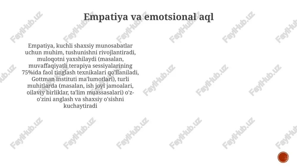 qtisodiy guruhlarda daromad darajasi), psixologik farovonlik (baxt, hayotdan mamnuniyat, subyektiv farovonlik shkalalari) va jismoniy salomatlik (qon bosimi, immunitet funktsiyasi) bilan bog'liq shaxsiy munosabatlar (oila: ota-ona, aka-uka, opa-singil; do'stlik: 2-10+ kishi; sevgi munosabatlari; hamkasblar: ofis, loyiha guruhlari, 5-500+), hayot davomida (bolalik, o'smirlik, voyaga yetganlik, 65+) shaxsiy rivojlanishga sezilarli ta'sir ko'rsatadi sog'lom munosabatlarni qurish va saqlashda samarali (og'zaki va og'zaki bo'lmagan) muloqot juda muhim. muloqot uslublari (passiv, agressiv, qat'iy) munosabatlar dinamikasiga ta'sir qiladi e'tiboringiz uchun rahmat @taqdimot_robot image1.png image2.png image3.png image4.png image5.png image6.png