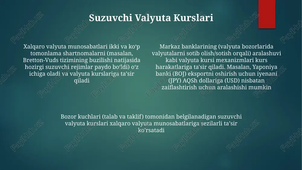 ta'sir qiladi valyuta fyucherslari va opsiyonlari savdosi eur/usd, gbp/usd, usd/jpy kabi valyutalardagi kontraktlarni cme group (chikago) va eurex (frankfurt) kabi birjalarda standartlashtirilgan hajmlar (masalan, eur/usd uchun 12,5 ming yevro) bilan o'z ichiga oladi va jahon valyuta bozorlariga ta'sir qiladi to'lov balansi to'lov balansida (tb) mamlakatning xalqaro operatsiyalari, jumladan, joriy hisob (savdo, xizmatlar, daromadlar, transferlar), kapital hisobi (investitsiyalar, kreditlar) va moliyaviy hisob (to'g'ridan-to'g'ri xorijiy investitsiyalar, portfel investitsiyalari) aks ettiriladi. aqsh dollari global valyuta kurslariga ta'sir ko'rsatuvchi asosiy zahira valyutasidir valyuta kurslari (masalan, nyse, london kabi valyuta bozorlarida taklif va talab orqali) valyutalarning nisbiy qiymatini aks ettiradi (masalan, eur/usd, gbp/jpy). kursning qattiq va erkin rejimlari (masalan, yevro zona va aqsh) savdo raqobatbardoshligi va pul-kredit siyosati mustaqillikka ta'sir qiladi markaziy banklar (masalan, federal rezerv, yevropa markaziy banki, yaponiya banki), hukumatlar va xalqaro tashkilotlar (masalan, jahon banki, jsht) o'rtasidagi murakkab o'zaro ta'sirlar xalqaro valyuta munosabatlarini o'z ichiga oladi spot va fyuçers kontraktlar valyuta kursi …