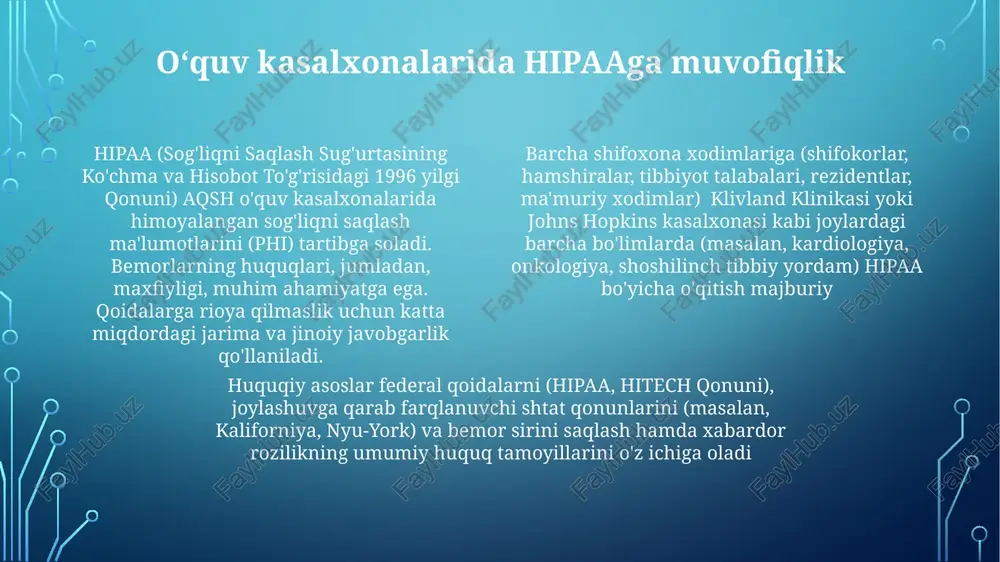 tsiya standartlari (masalan, rezidentlarning ish vaqti, bemor xavfsizligi bo'yicha o'quv dasturlari bo'yicha acgme talablari) shifoxonalarning huquqiy majburiyatlariga sezilarli ta'sir qiladi davlat va federal ta'lim nizomlari aqsh shifoxonalarida hipaa (45 cfr 164) va clia (42 cfr part 493) kabi federal qoidalar tibbiyot xodimlari uchun maxfiylik va malaka bahosini majburiy qilib, oʻquv dasturlariga sezilarli taʼsir koʻrsatadi tibbiy xatolik va beparvolik (masalan, darling v. charleston community memorial hospital) bo'yicha sud qarorlari kasalxonalar uchun yuridik xavflarni kamaytirishda kuchli o'quv dasturlarining ahamiyatini ta'kidlaydi tibbiy yozuvlarga kirish va talaba istirokı kasalxona pedagogikasi xabardor rozilikni (bemor, talaba) talab qiladi; tarasoff vs. kaliforniya universiteti rejissorlari kabi sud qarorlari ma'lumot oshkor qilish chegaralariga ta'sir qiladi; johns hopkins kabi muassasalaridagi irblar bemor ma'lumotlarini o'z ichiga olgan tadqiqotlarni nazorat qiladi. hipaa (1996) bemorlarning maxfiyligini himoya qiladi; ferpa (1974) talabalarning o'quv yozuvlarini himoya qiladi; kasalxona sharoitidagi tibbiy ta'lim dasturlarida kirish huquqi bo'yicha ziddiyatlar kelib chiqadi, bu aniq huquqiy mexanizmlarni talab qiladi davlat …