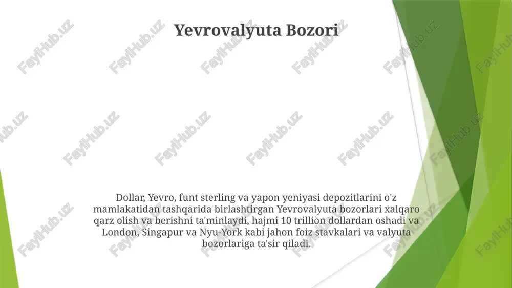 rdi derivativlar savdosi cme group va ice birjalari standartlashtirilgan derivativ savdolarini olib boruvchi yirik birjalar bo'lib, turli indekslar (masalan, ftse 100, dax), tovarlar (masalan, xom neft, oltin) va foiz stavkalari bo'yicha fyuchers va opsiyon kontraktlarini taklif qiladi va global ishtirokchilarni jalb qiladi 2022-yilda xalqaro moliya bozorlaridagi (xmb) derivativlar savdo hajmi 1 kvadrilyondan oshdi isda kredit defolt svaplari (kds) va foiz stavkalari svaplari (fsv) bozor faoliyati haqida hisobot beradi, trillion dollarlik nominal qiymatlarni ta'kidlaydi. bu birja tashqarisidagi (otk) derivativlar ifmda xavfni boshqarish va spekülasyon uchun muhimdir hedj fondlari va global moliya xalqaro moliya bozorlari (valyuta, obligatsiya va aktsiya bozorlari) makroiqtisodiy omillar, geosiyosiy voqealar va tartibga solish o'zgarishlariga bog'liq. hedj fondlari, 4 trillion dollardan ortiq aktivlarga ega bo'lib, nyse, lse va shanxay fond birjasi kabi global bozorlarda murakkab strategiyadan foydalanib, foiz stavkalari, valyuta kursi (masalan, usd/eur) va tovar narxlariga (masalan, brent xom neft) ta'sir qiladi foiz stavkasi svopi qarama-qarshi tomon xavfi, irs …