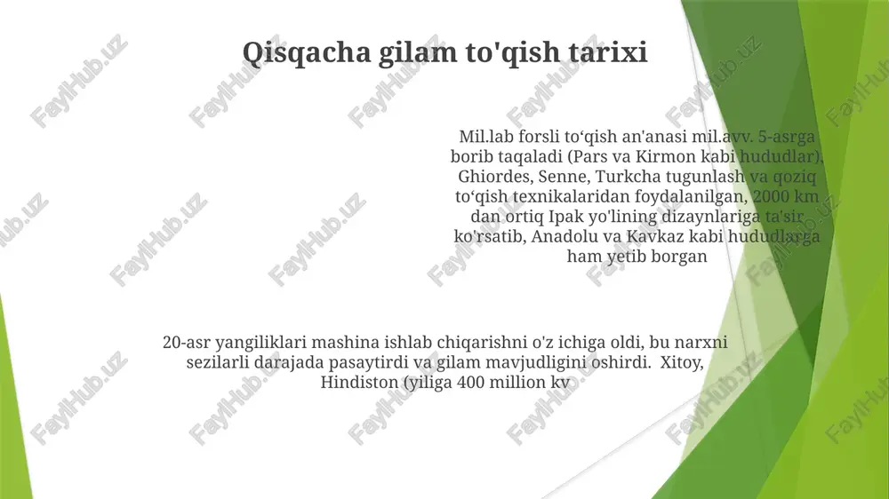 ko'chmanchi to'quv an'analari (masalan, ozarbayjon, gruziya, armaniston gilamlari) fors va turk naqshlari ta'sirida turlicha uslublarni namoyon qiladi mashhur gilamdo'zlar va ularning merosi madaniyatlararo to'qish uslublari kilim to'qish (masalan, anadoliya, kavkaz) tuksiz tekis to'qima tuzilmalarni, geometrik naqshlarni (masalan, zig-zaglar, xochlar, yulduzlar) aks ettirib, ko'pincha qabilaviy ramziylikni namoyish etadi gobelimlar, obusson (fransiya) kabi gilam to'qishda (uzunlik va enlik iplar) batafsil tasvirlar va hikoyalar yaratiladi. yuqori sifatli namunalar ingichka jun va ipak iplaridan foydalanadi ("point noué" kabi) maxsus tikuv texnikalarini qo'llaydi eron gilamlari (masalan, tabriz, kashan, nayin) murakkab tugunlash texnikalaridan (masalan, ghiordes, senneh) foydalanib, simmetrik yoki assimmetrik naqshlar, gulli motiflar, arabeskalar va medalionlarni o'z ichiga oladi; jun va ipak keng qo'llaniladi, tugun zichligi yuqori (masalan, 600 tugun/kv. dyuym). gilam naqsh motivi va ramzlari fors geometrik naqshlari (masalan, arabeskalar, medalonlar, olti burchaklar) fors gilamlarida (xvi-xix asrlar, tabriz, kashan) tartib, kosmos, jannatni; gulli naqshlar (gul, lola, zambak) hayot, go'zallik, mo'l-ko'lchilikni; anatoliya gilamlaridagi (xv-xviii asrlar, konya, …