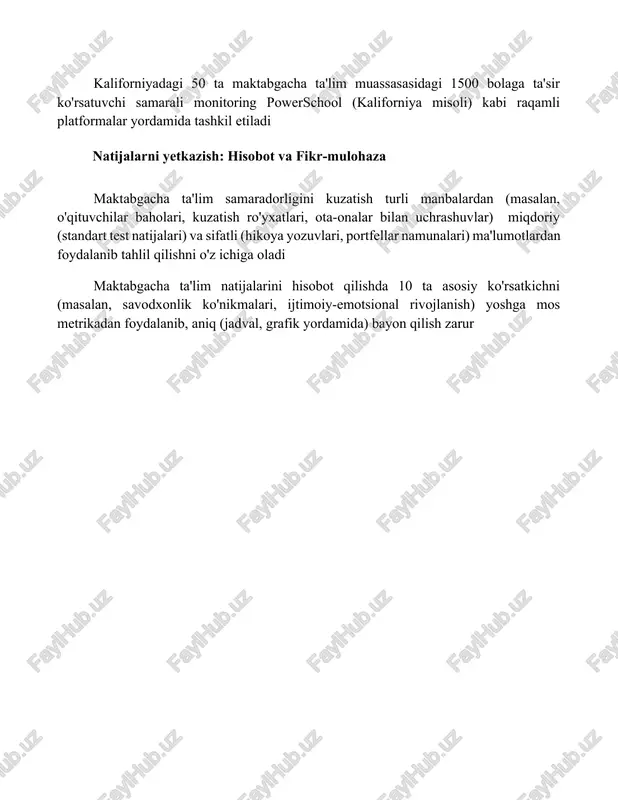 a sinflarni kuzatish va o'quvchilarning natijalari (masalan, til rivojlanishini baholash) orqali o'lchanadi. barqarorlik va uzoq muddatli ta'sir 2030-yilga kelib, energiya tejovchi binolar (masalan, hindiston qishloqlarida quyosh panellari) va mahalliy materiallar orqali karbon izini 30% kamaytirish yo'li bilan 10 ta hududda 5000 bolani qamrab oluvchi barqaror maktabgacha ta'lim muassasalari kaliforniyadagi 50 ta maktabgacha ta'lim muassasasidagi 1500 bolaga ta'sir ko'rsatuvchi samarali monitoring powerschool (kaliforniya misoli) kabi raqamli platformalar yordamida tashkil etiladi natijalarni yetkazish: hisobot va fikr-mulohaza maktabgacha ta'lim samaradorligini kuzatish turli manbalardan (masalan, o'qituvchilar baholari, kuzatish ro'yxatlari, ota-onalar bilan uchrashuvlar) miqdoriy (standart test natijalari) va sifatli (hikoya yozuvlari, portfellar namunalari) ma'lumotlardan foydalanib tahlil qilishni o'z ichiga oladi maktabgacha ta'lim natijalarini hisobot qilishda 10 ta asosiy ko'rsatkichni (masalan, savodxonlik ko'nikmalari, ijtimoiy-emotsional rivojlanish) yoshga mos metrikadan foydalanib, aniq (jadval, grafik yordamida) bayon qilish zarur xulosa maktabgacha ta'limni samarali monitoring qilish va baholash sifatli dasturlar va bolalarning ijobiy natijalarini ta'minlash uchun muhimdir. ma'lumotlarga asoslangan xulosalar …