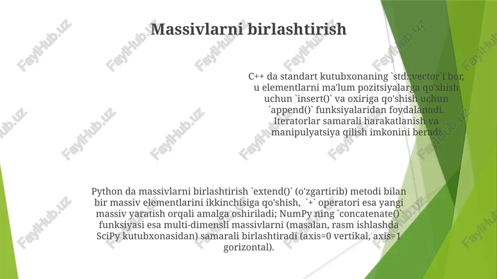 t()`, `shift()` massiv usullar samarali operatsiyalarni ta'minlaydi. pythonning `append()`, `insert()`, `remove()`, `pop()` usullari shunga o'xshash funksiyalarni bajaradi. java esa `arrays massiv elementlarini o'zgartirish indeks asosida topshirilish orqali amalga oshiriladi (masalan, javascriptda `myarray[2] = 10;`, 2-indeksdagi elementni 10 ga o'zgartiradi). python (ro'yxatlar) va java (massivlar) da bu qo'llab-quvvatlanadi massivlar bilan ishlashda tezkorlikka ta'sir qiluvchi qidiruv (chiziqli yoki ikkilik qidiruv algoritmlari) zarur. qiymat yoki indeks bo'yicha elementlarni topish (masalan, javascriptda `indexof()`, pythonda `index()`) muhimdir massivlarni takrorlash massiv elementlarini takrorlash `for` tsikllari (masalan, java da `for (int i = 0; i < myarray koʻp oʻlchovli massivlar (matritsalar) ma'lumotlarni qator va ustunlarda ifodalaydi (masalan, "shimoliy amerika", "yevropa" va "osiyo" kabi turli hududlardagi turli mahsulotlar bo'yicha savdo ko'rsatkichlarini saqlaydigan `salesmatrix`) java'ning `arrays` klassi dagi massiv metodlar (masalan, `arrays.sort()` (temperatura yoki ismlar kabi sonli yoki alifbo ma'lumotlarini saralash), `arrays.copyof()` (belgilangan hajmda yangi massiv yaratish va elementlarni nusxalash, `studentids` massivi bilan ishlashda va kattaroq nusxasi kerak bo'lganda …