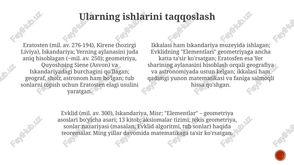 metriyaning asosiy matni, postulatlar, teoremalar, evklid geometriyasi, sonlar nazariyasi, ta'riflar, asrlar davomida matematikaga ta'sir ko'rsatgan. ikkisi ham hellenistik aleksandriyada yashagan, zamonaviy shaxslar bo'lib, qadimgi dunyoda fan va intellektual taraqqiyotning sezilarli davrida faoliyat yuritgan va matematikaga va unga bog'liq sohalarga hissa qo'shganlar. eratosthenes (mil. av. 276-194), kirene, iskandariya kutubxonachisi, eratosthenes elagi (tub sonlarni aniqlash), quyosh soyasi orqali yerning atrofini aniq o'lchash (siene/asvon va iskandariya), geografiya, she'riyat, matematika. evklidning elementlari: umumiy nuqtai eratosten (mil. av. 276-194), kirene (hozirgi liviya), iskandariya, yer sharining aylanasini hayratlanarli darajada aniq hisoblagan, eratosten elagi (tub sonlarni topish algoritmi), stadiya, iskandariya kutubxonasining bosh kutubxonachisi, geografiya, matematika, astronomiya. evklid (mil. av. 300), iskandariya, misr, "elementlar"ni yozgan, 13 jild, geometriya, sonlar nazariyasi, teoremalar, postulatlar, aksiomatik sistema, 2000+ yildan beri ta'sirli, geometrik konstruktsiyalar, pifagor teoremasi. tekis geometriya (i-vi kitoblar), sonlar nazariyasi (vii-ix kitoblar), fazoviy geometriya (xi-xiii kitoblar), evklid geometriyasi, umumiy tushunchalar, ta'riflar, teoremalar, isbotlar, asosiy tushunchalar, matematika va fanga ta'siri. tub …